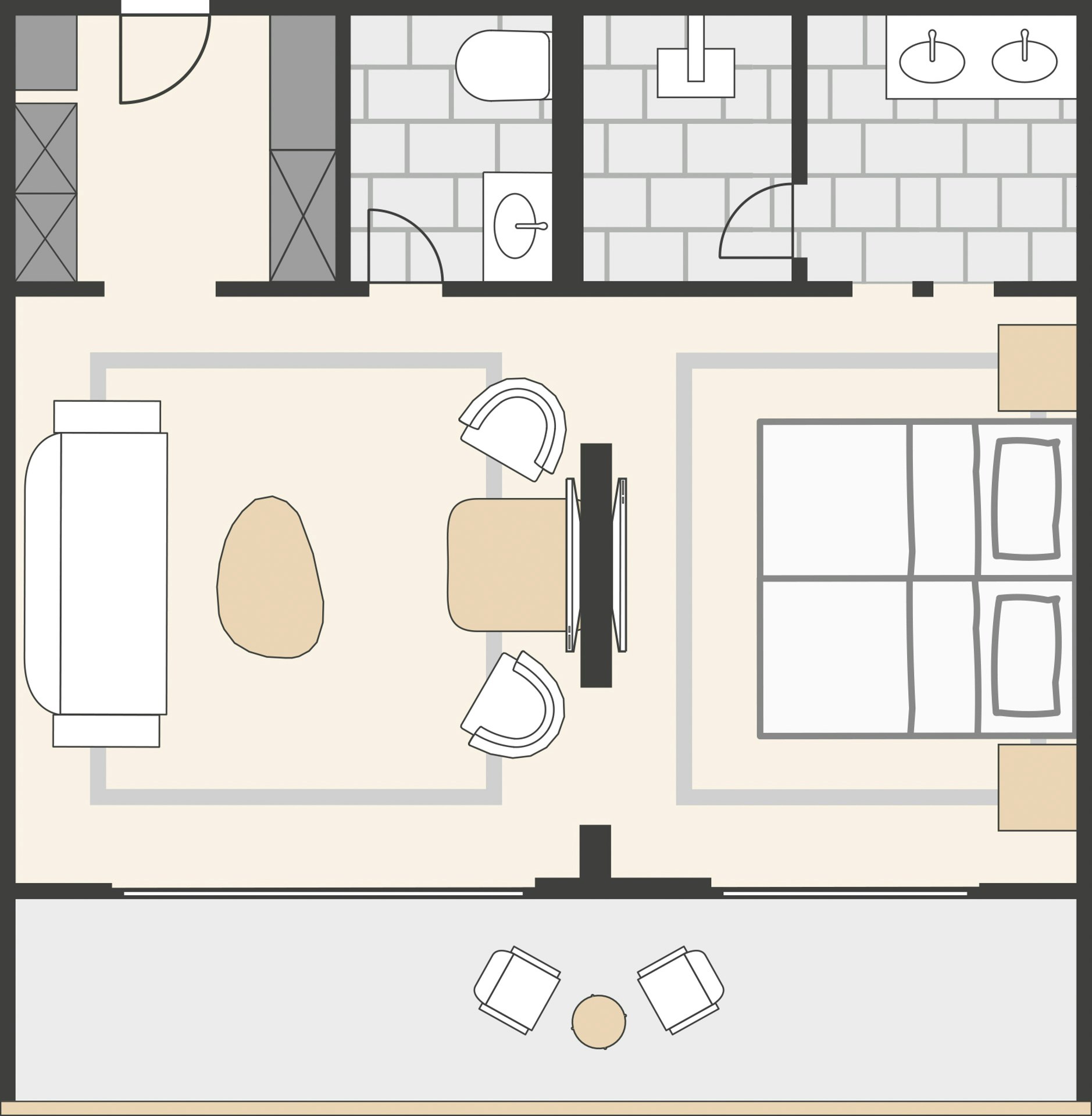 Grundriss eines Zimmers mit Bad, Dusche, WC, Balkon und abgetrenntem Schlaf- und Wohnbereich