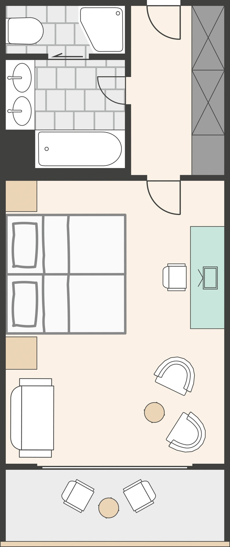 Grundriss des Spiez Deluxe-Zimmers Wohn-/Schlafzimmer, Balkon, Badewanne, Dusche, getrenntes WC