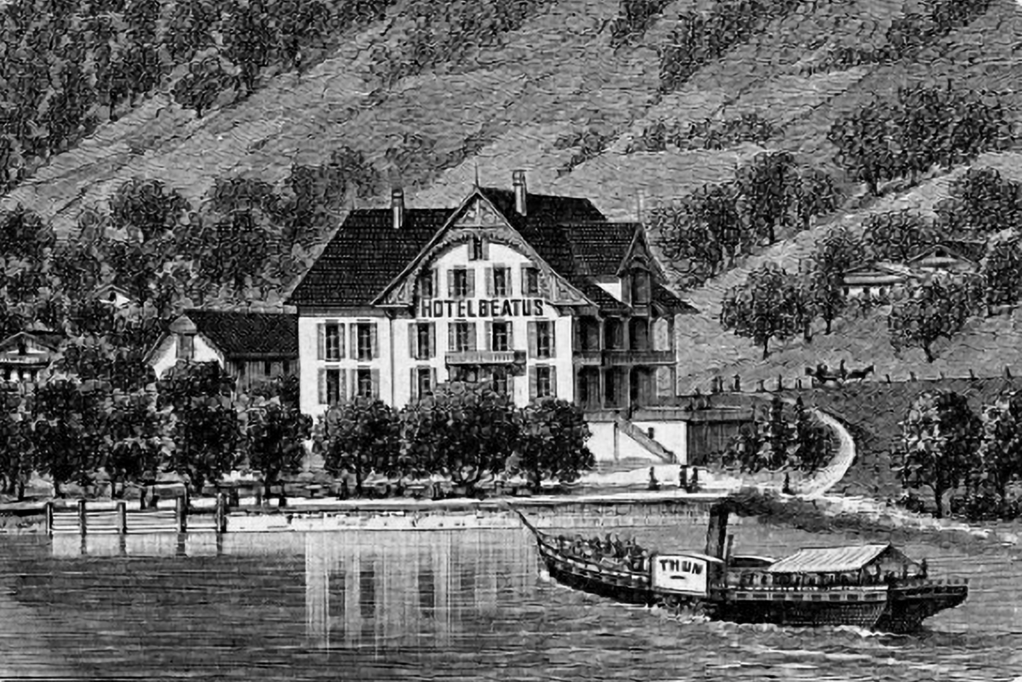 Radierung des alten Hotel BEATUS mit einem Dampfschiff im Vordergrund