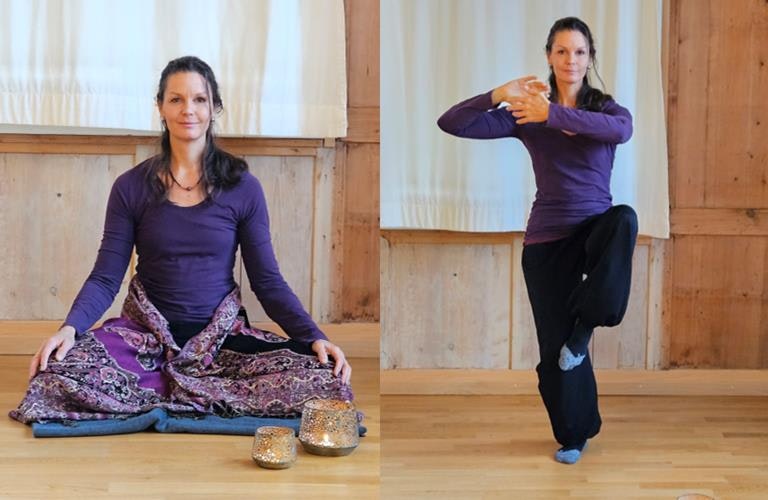 A woman sitting cross-legged, next to another photo where she is doing a balance exercise