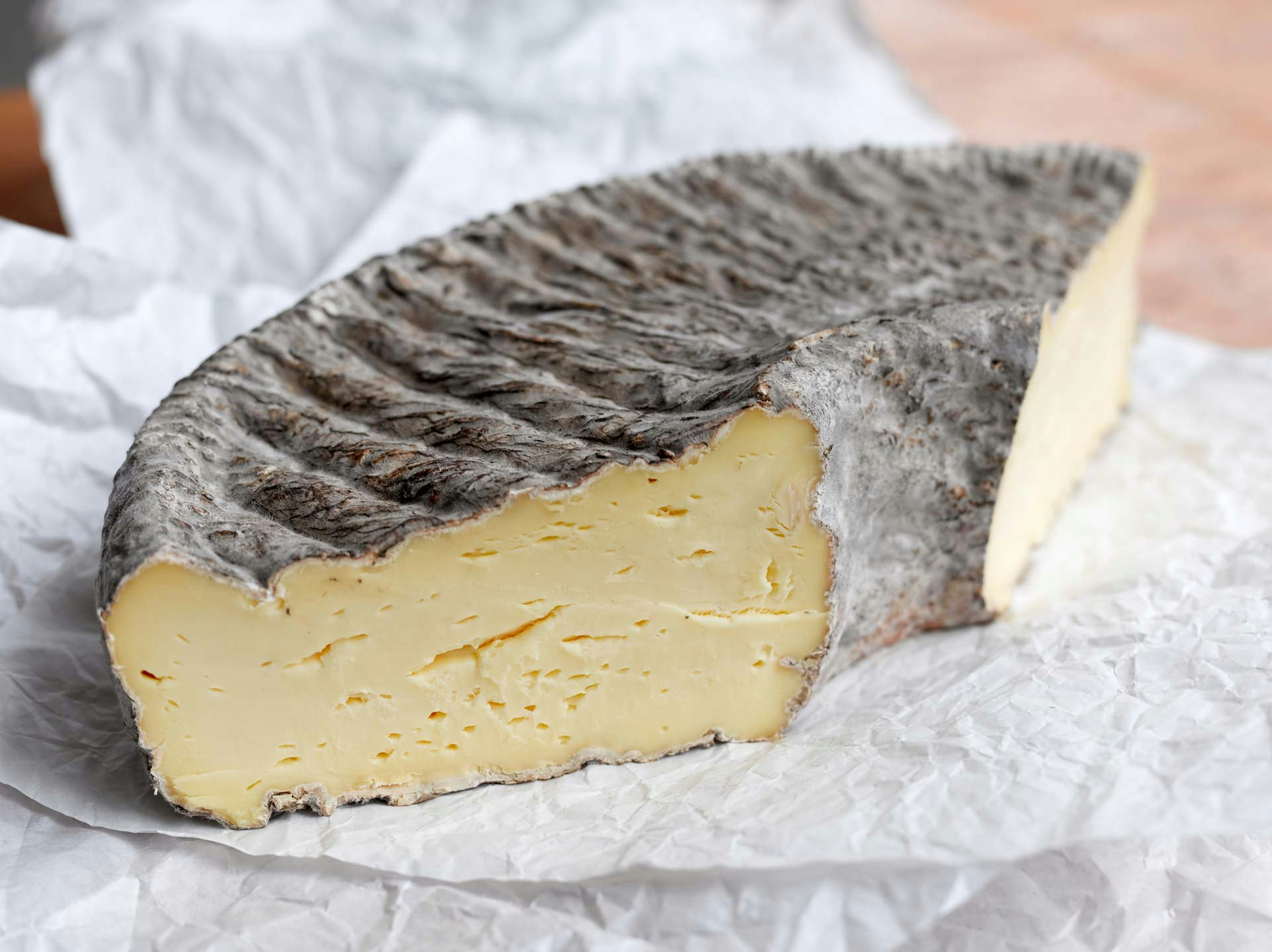 Large piece of cheese with dark furrowed skin on white paper