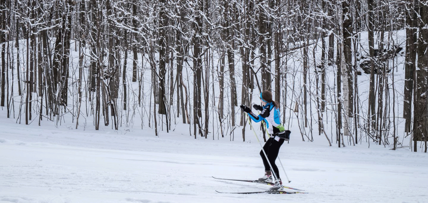 Woman on cross-country skis in a wooded area
