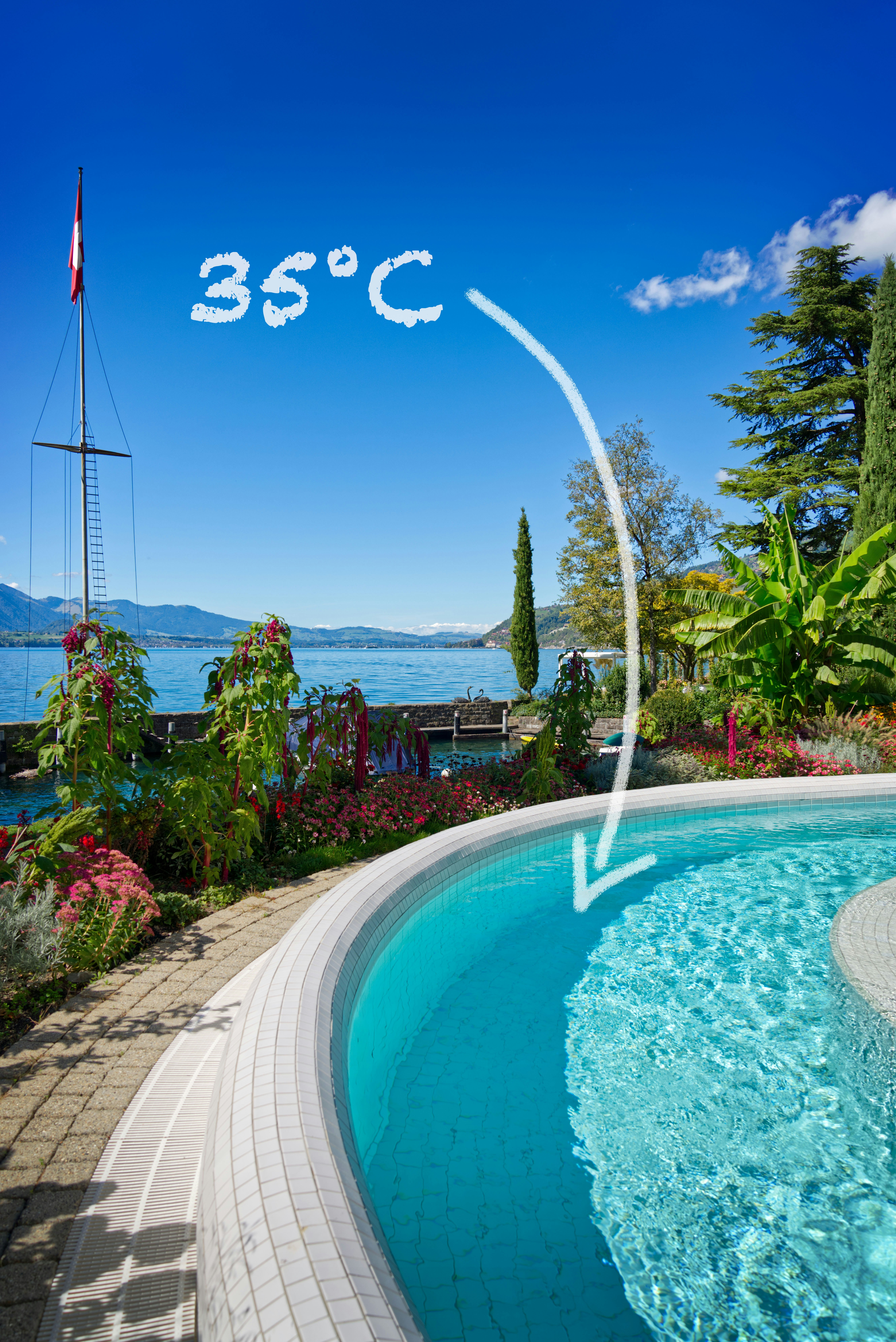 Blick auf Thunersee, Hochformat, links Fahne