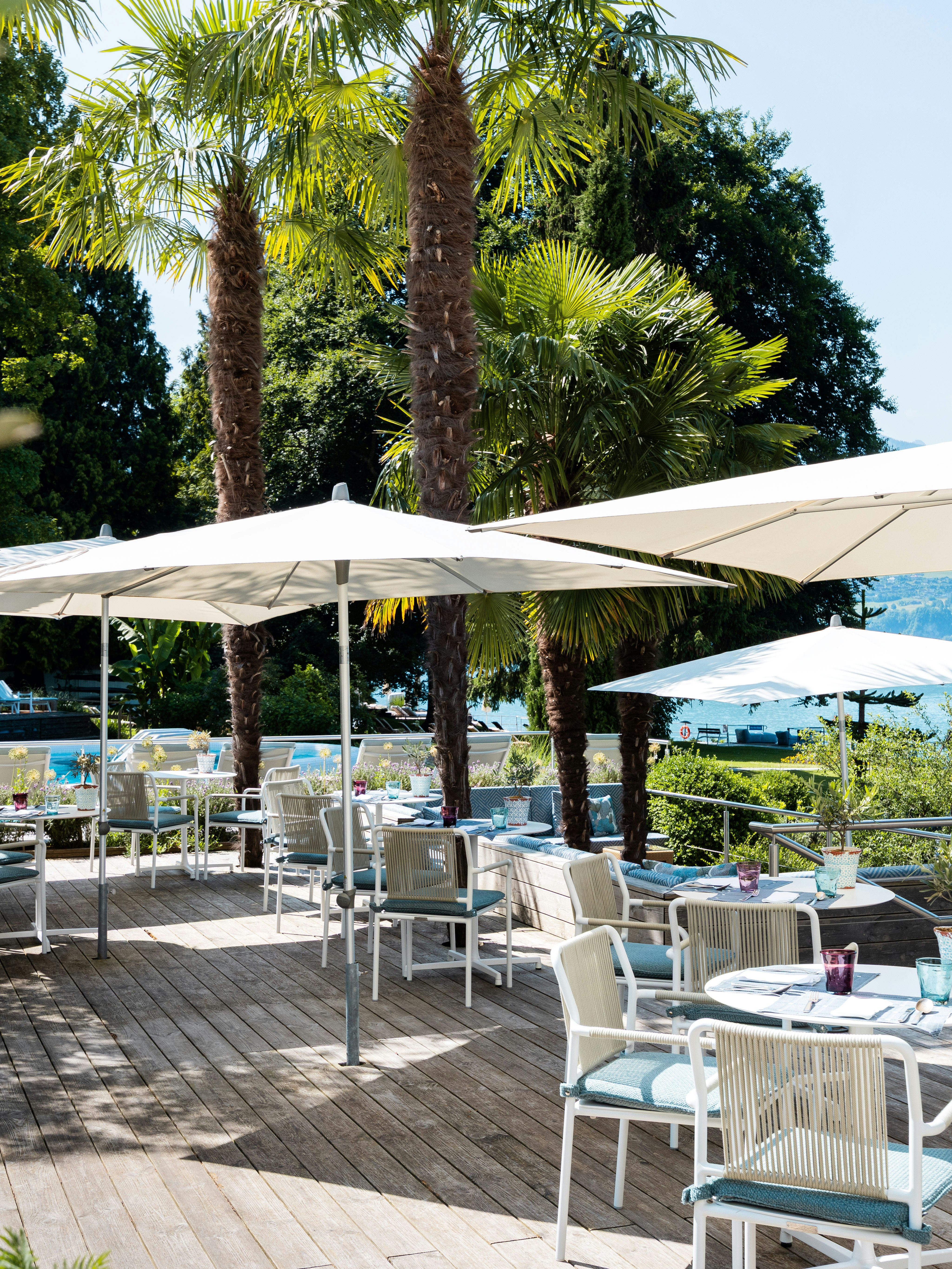 Café Le Palmier Terrasse BEATUS Eingedeckte Tische, offene Schirme, im HIntergrund See und Palmen