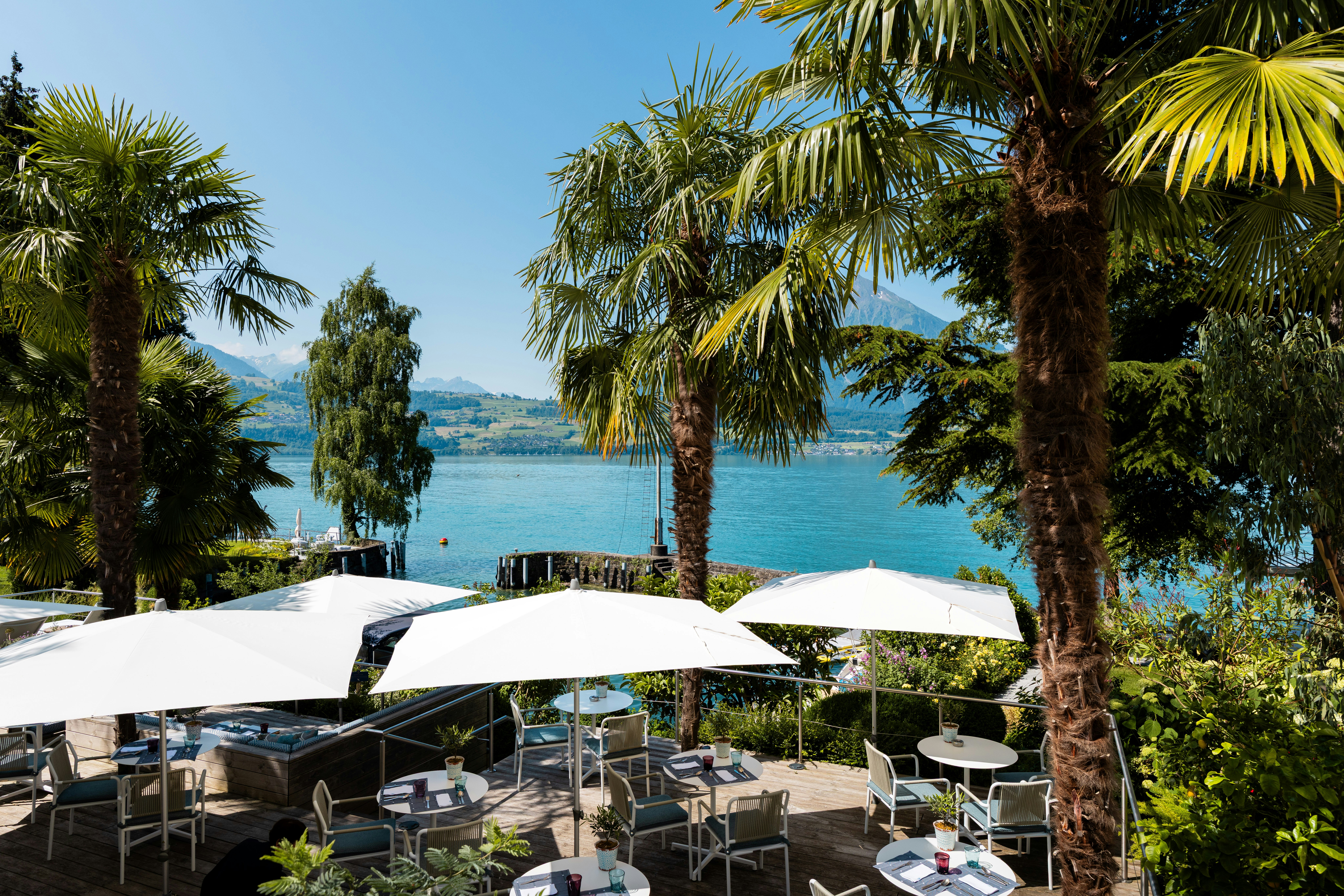 Vogelperspektive auf die Terrasse Wellness Café Le Palmier, Tische teils aufgedeckt, offene Schirme und im Hintergrund der Thunersee