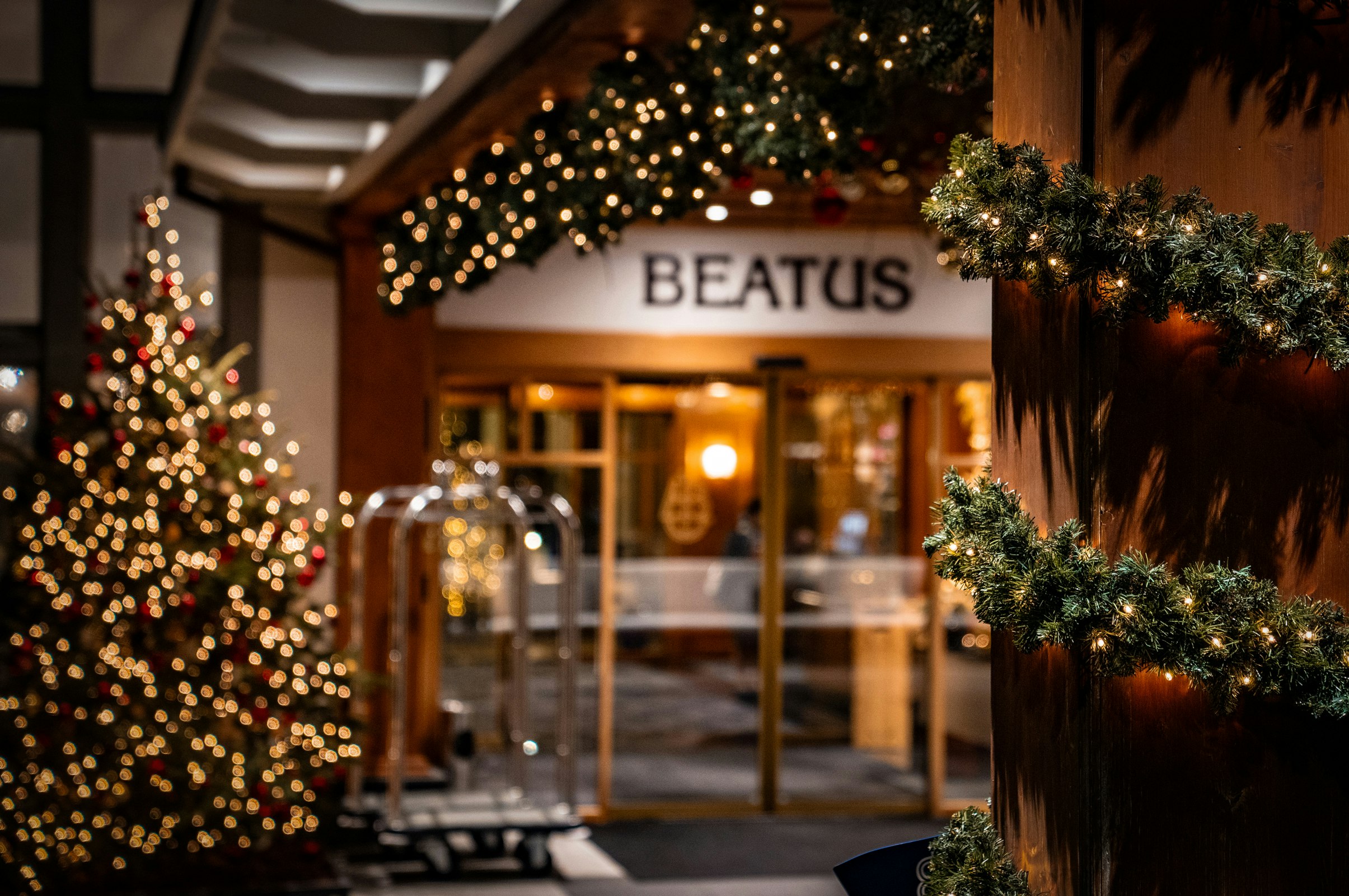 Lichterketten, gezierter Tannenbaum vor dem Hoteleingang