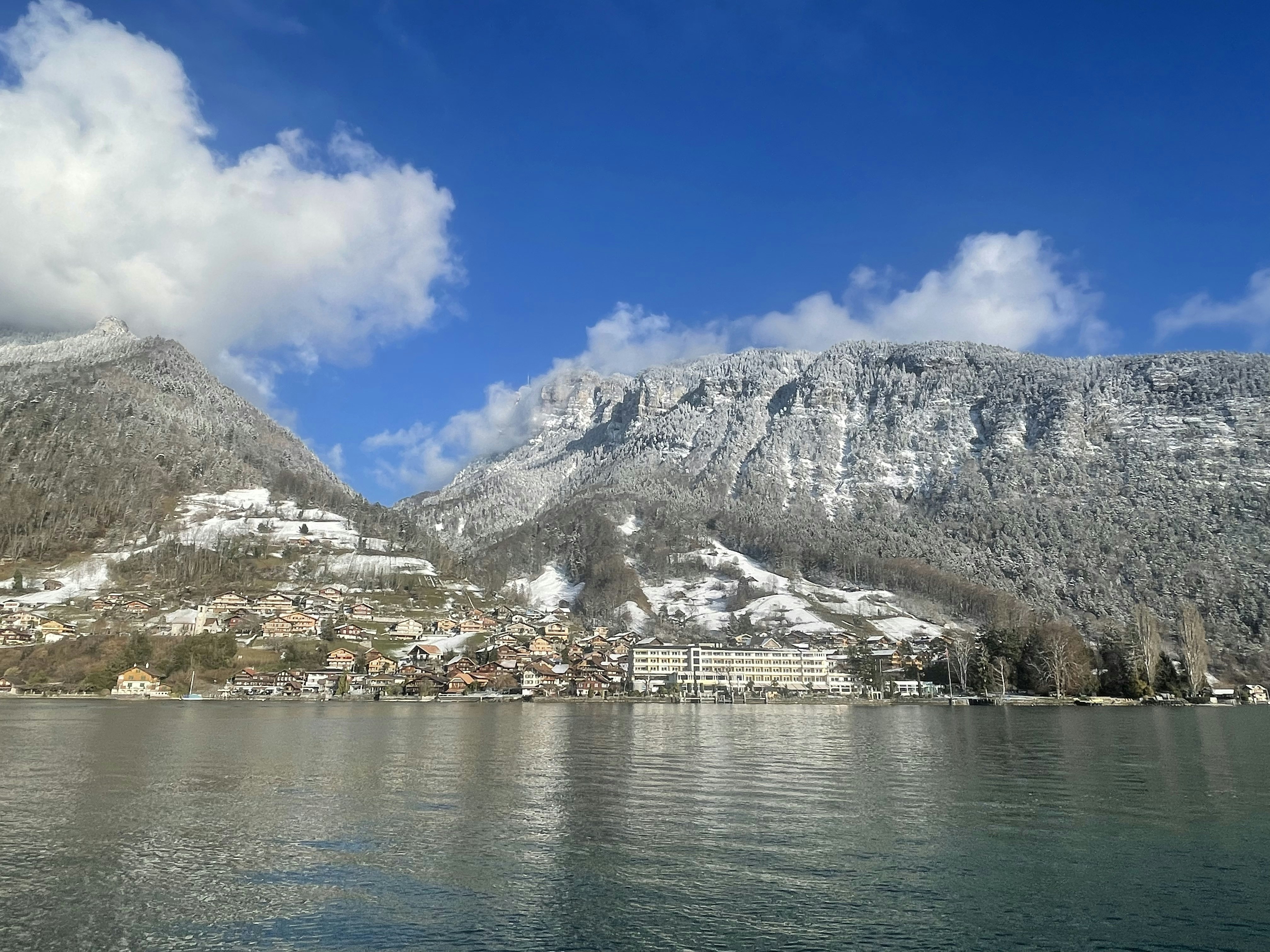 Blick vom Thunersee Richtung Hotel BEATUS mit schneebedeckter Bergkette im Hintergrund