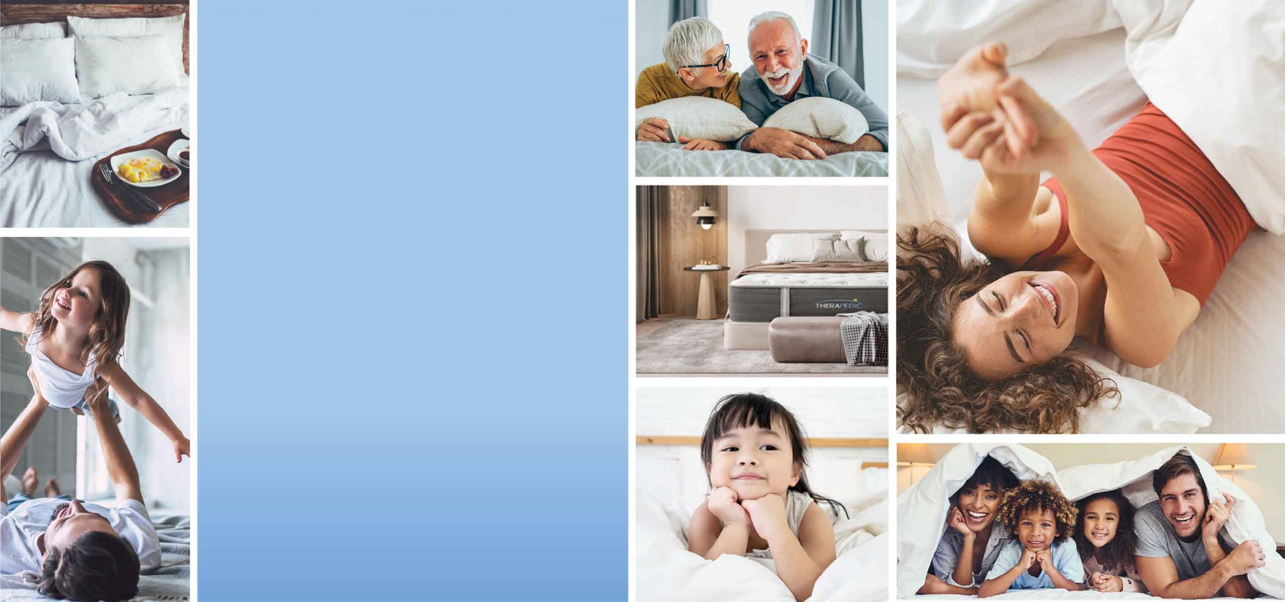 A family laying on the bed facing the foot of the bed smiling and laughing