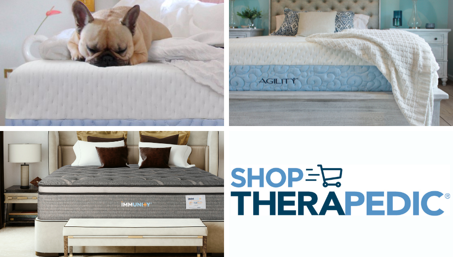 Immunity and Agility mattresses placed in a 4 grid image with a dog laying on a bed