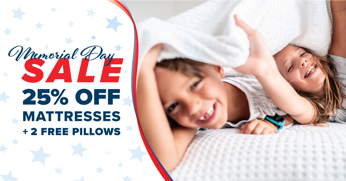 Memorial Day Sale image with kids on bed smiling
