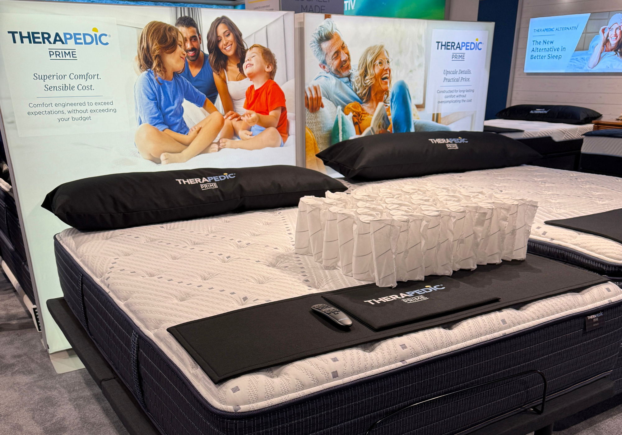 Therapedic Prime mattresses with display headboards talking about this budget-friendly line