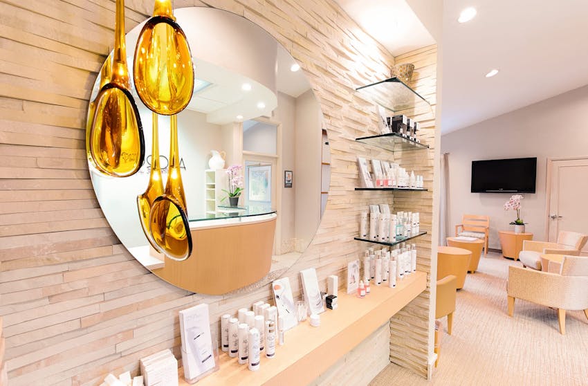 display shelf with skin care products