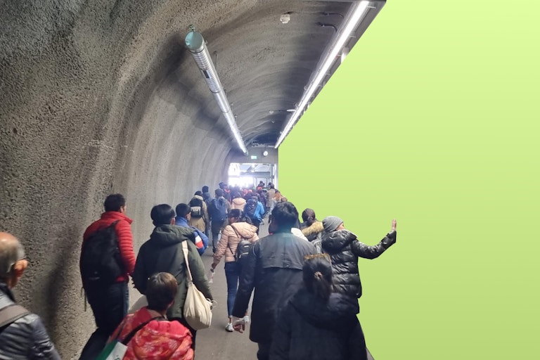 Eine Gruppe geht durch einen Tunnel, mit strukturierter Wand auf der linken, grünen und möglicherweise bearbeiteten rechten Seite.