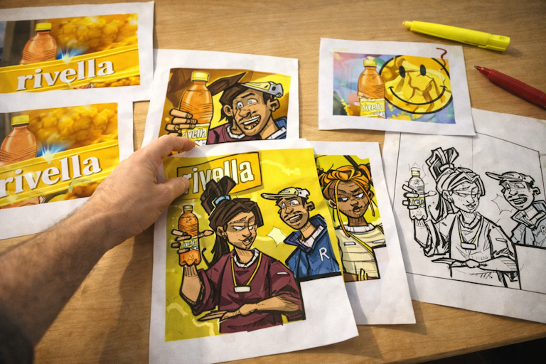 Eine Hand arrangiert Rivella-Konzeptkunst und Logodesigns mit Cartoon-Figuren, die Rivella-Flaschen halten, auf einem Holztisch mit einem gelben Textmarker.