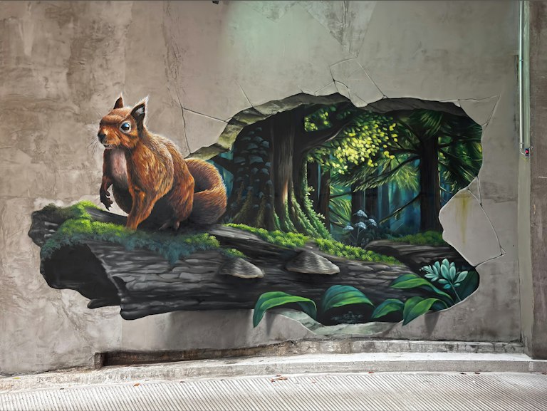 Ein Wandgemälde an einer Betonwand zeigt ein rotes Eichhörnchen auf einem Baumstamm und dahinter einen Wald, der so gemalt ist, als sei die Wand aufgebrochen.