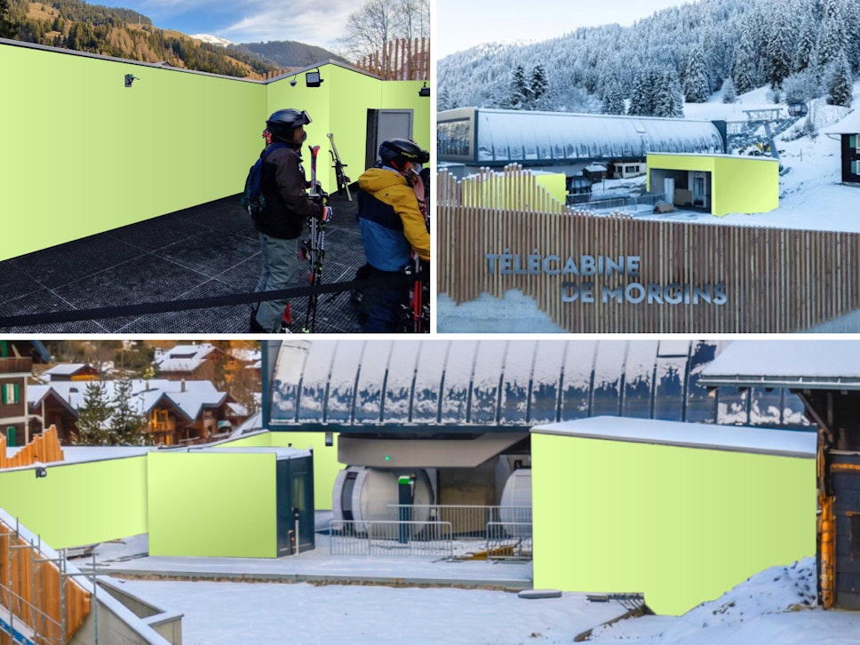 Drei Ansichten einer Skiliftstation mit modernen, hellgelben Gebäuden, verschneiten Bergen und Skifahrern, die ihre Ausrüstung vorbereiten.