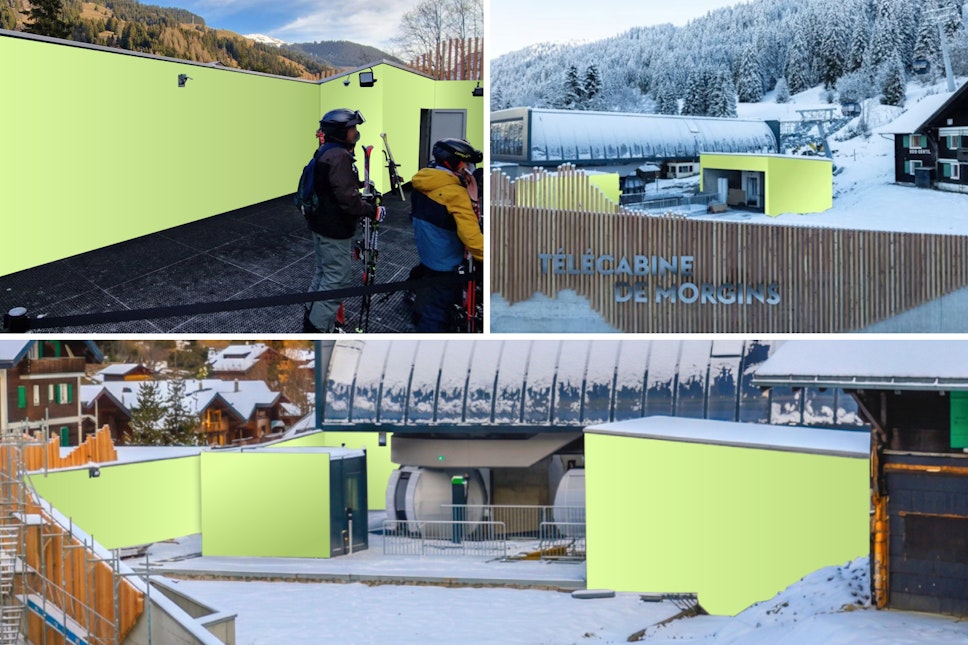Drei Ansichten einer Skiliftstation mit modernen, hellgelben Gebäuden, verschneiten Bergen und Skifahrern, die ihre Ausrüstung vorbereiten.