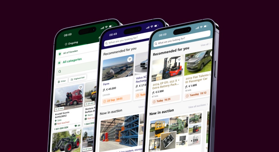 Drei Smartphones mit den Auktions-Apps verschiedener TBAuctions-Marken, die die digitale Vernetzung innerhalb des Netzwerks veranschaulichen.