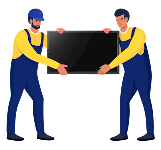 2 men holding TV