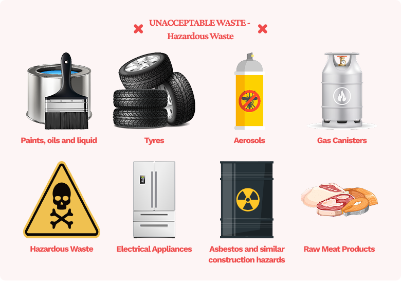 paints, oils, tyres, aerosols, gas canisters, hazardous waste, electrical appliances, asbestos, raw meat