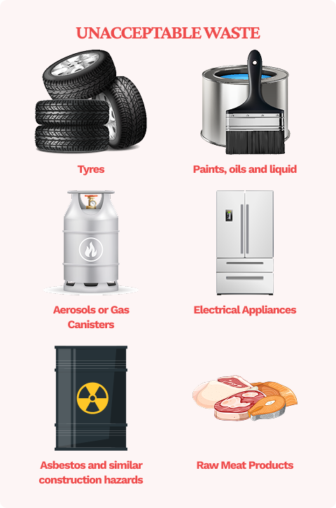 paints, oils, tyres, aerosols, gas canisters, hazardous waste, electrical appliances, asbestos, raw meat