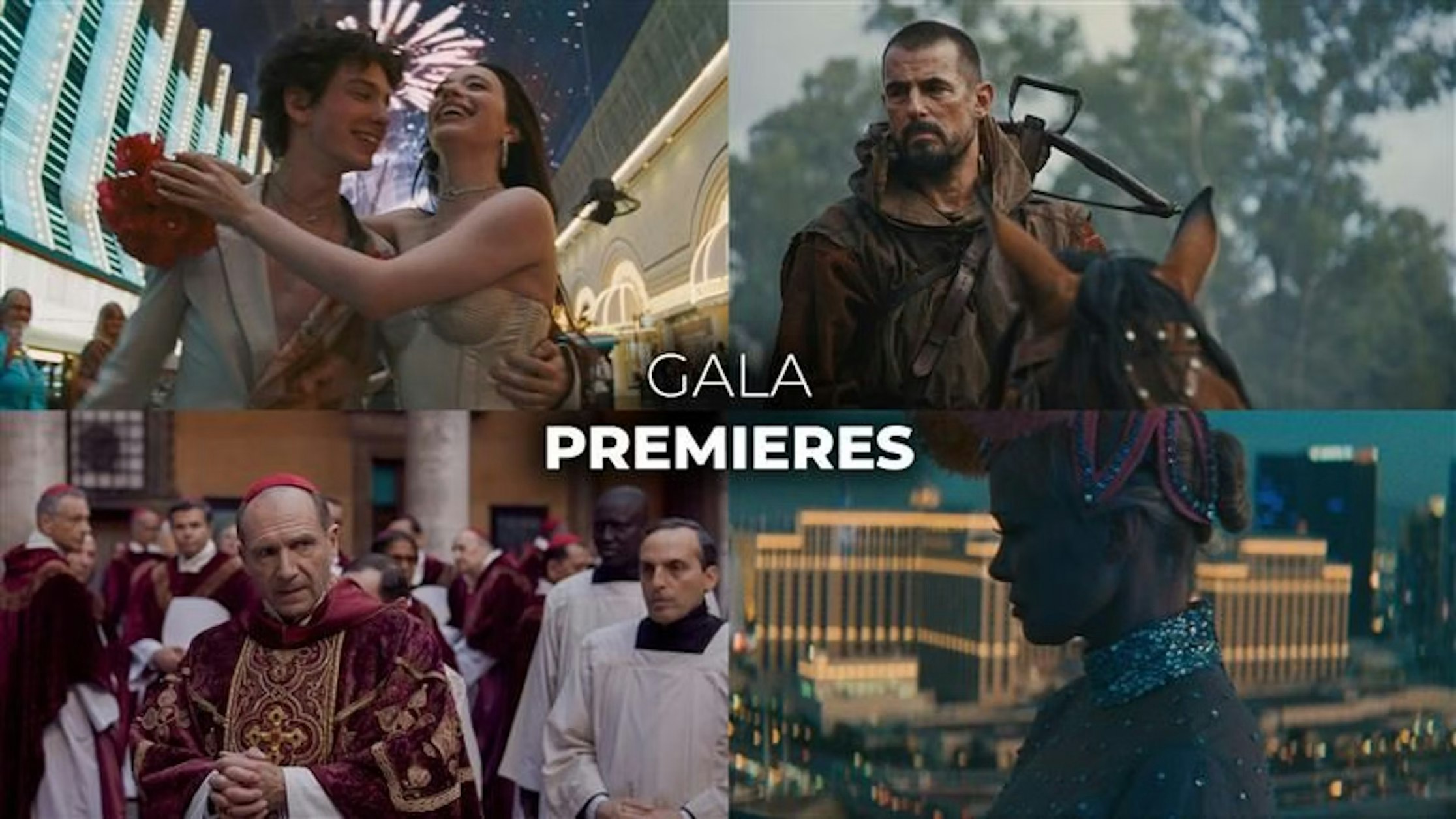 Eine Collage aus vier Filmszenen: ein fröhliches Paar bei einem glamourösen Event, ein robuster Mann zu Pferd, eine Gruppe Geistlicher in rot-weißen Gewändern und eine Frau mit Perlenhaar vor der Stadtkulisse. Der Text lautet „GALA-PREMIEREN“.