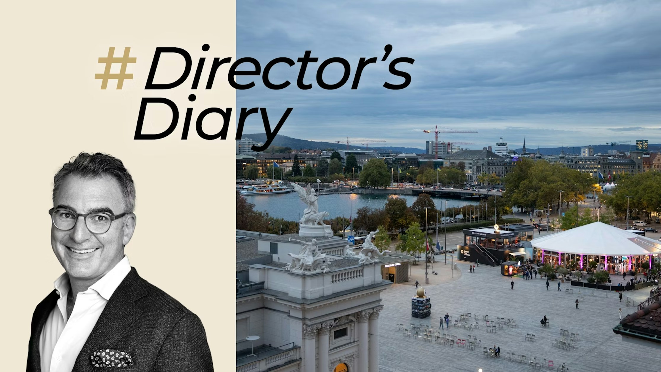 Schwarzweißfoto eines lächelnden Mannes im Anzug (links), daneben der Text „# Director’s Diary“. Rechts ist eine Stadtlandschaft in der Abenddämmerung mit Gebäuden, Bäumen, einer Statue und einem Pavillon am Flussufer zu sehen.