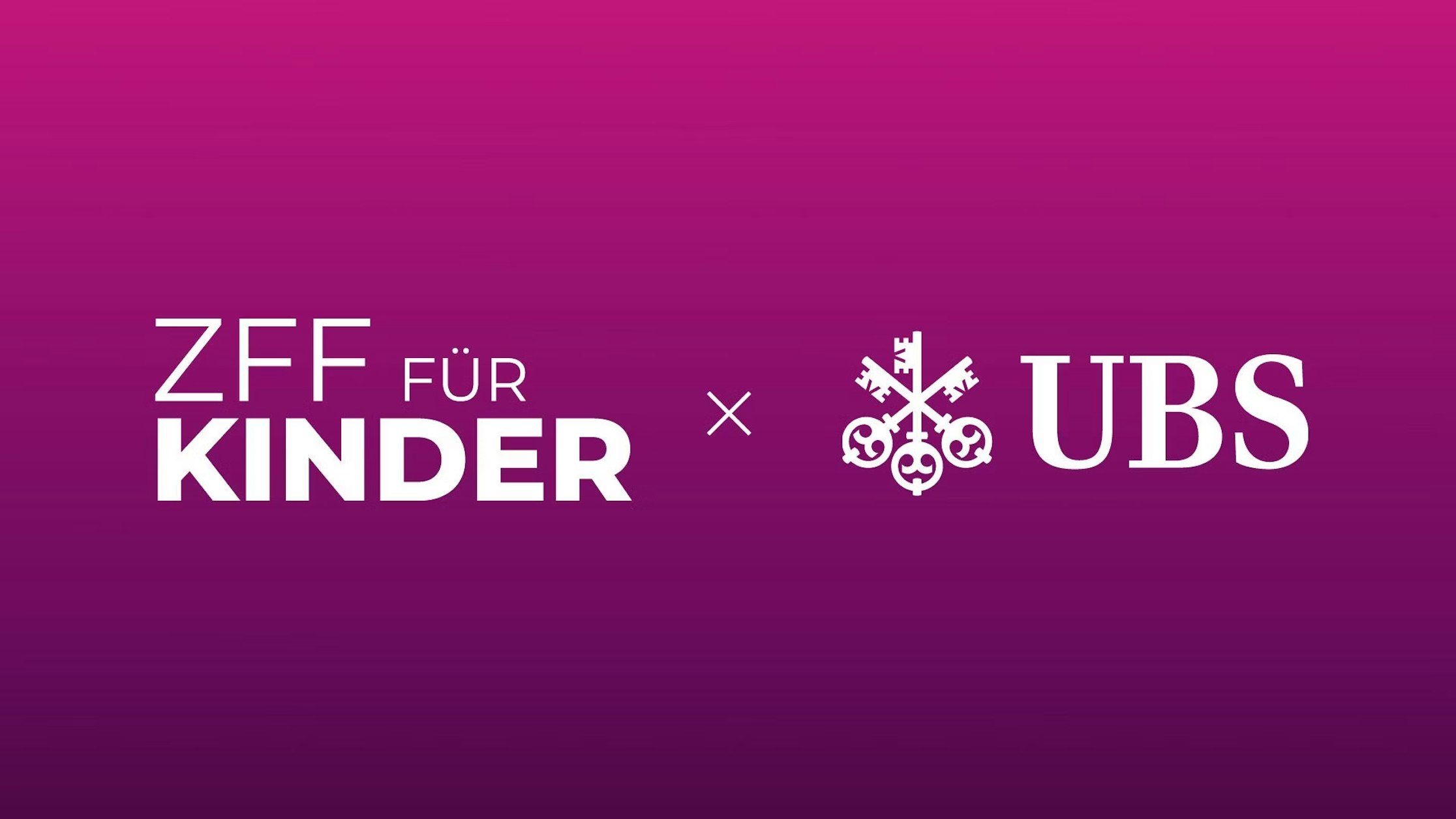 Weißer Text auf rosa Hintergrund mit Farbverlauf lautet „ZFF FÜR KINDER“ und „UBS“ mit einem schneeflockenähnlichen Symbol und einem „x“ dazwischen, was auf eine Zusammenarbeit hinweist.
