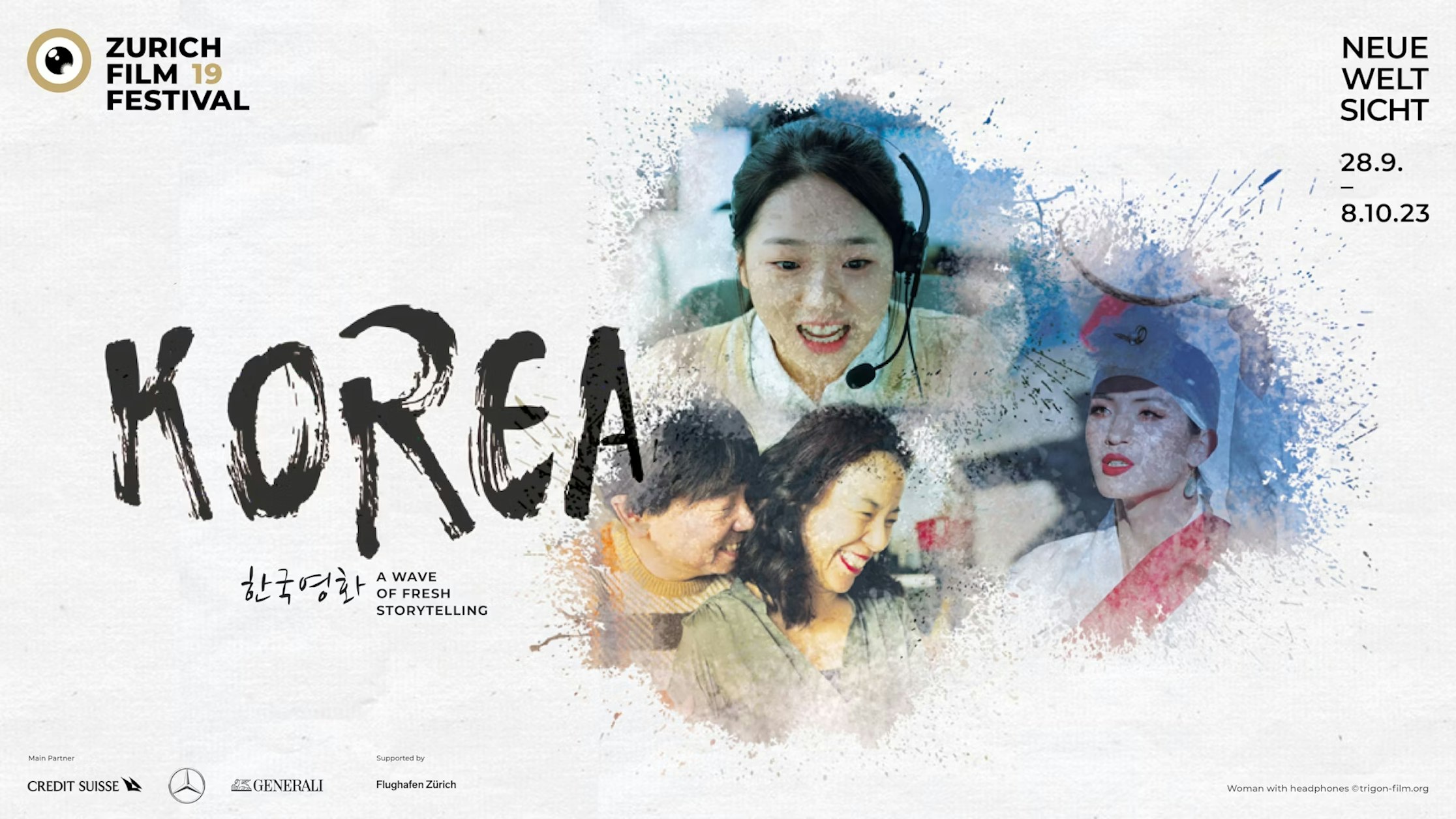 Plakat des Zurich Film Festival mit dem Wort KOREA, drei Frauen in unterschiedlichen Umgebungen, Festivaldaten 28.9.–8.10.23 und dem Text A Wave of Fresh Storytelling mit Sponsorenlogos unten.