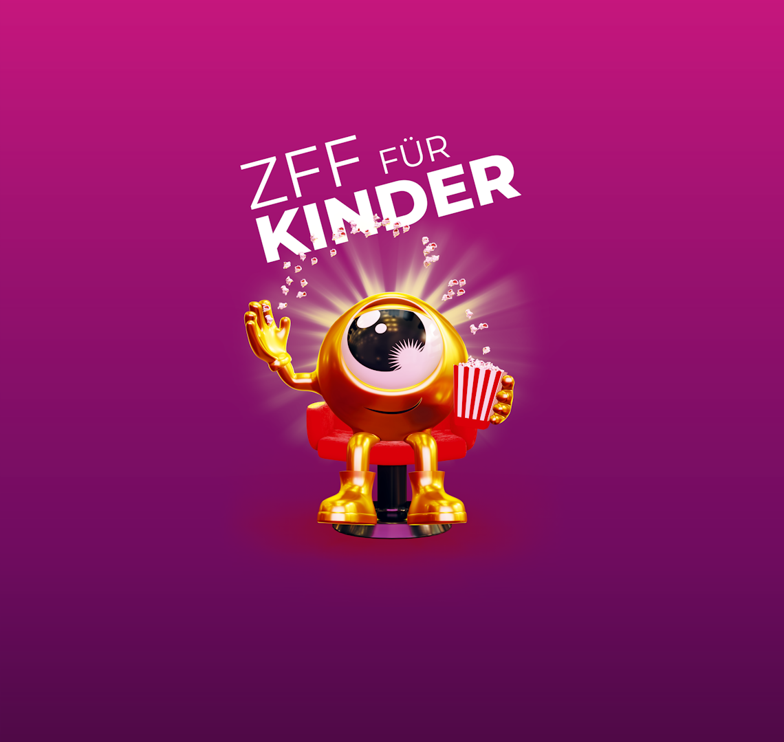 A shiny golden character with one large eye and a popcorn box sits on a red seat, waving. Above it, bold white text reads ZFF FÜR KINDER on a pink to purple gradient background.