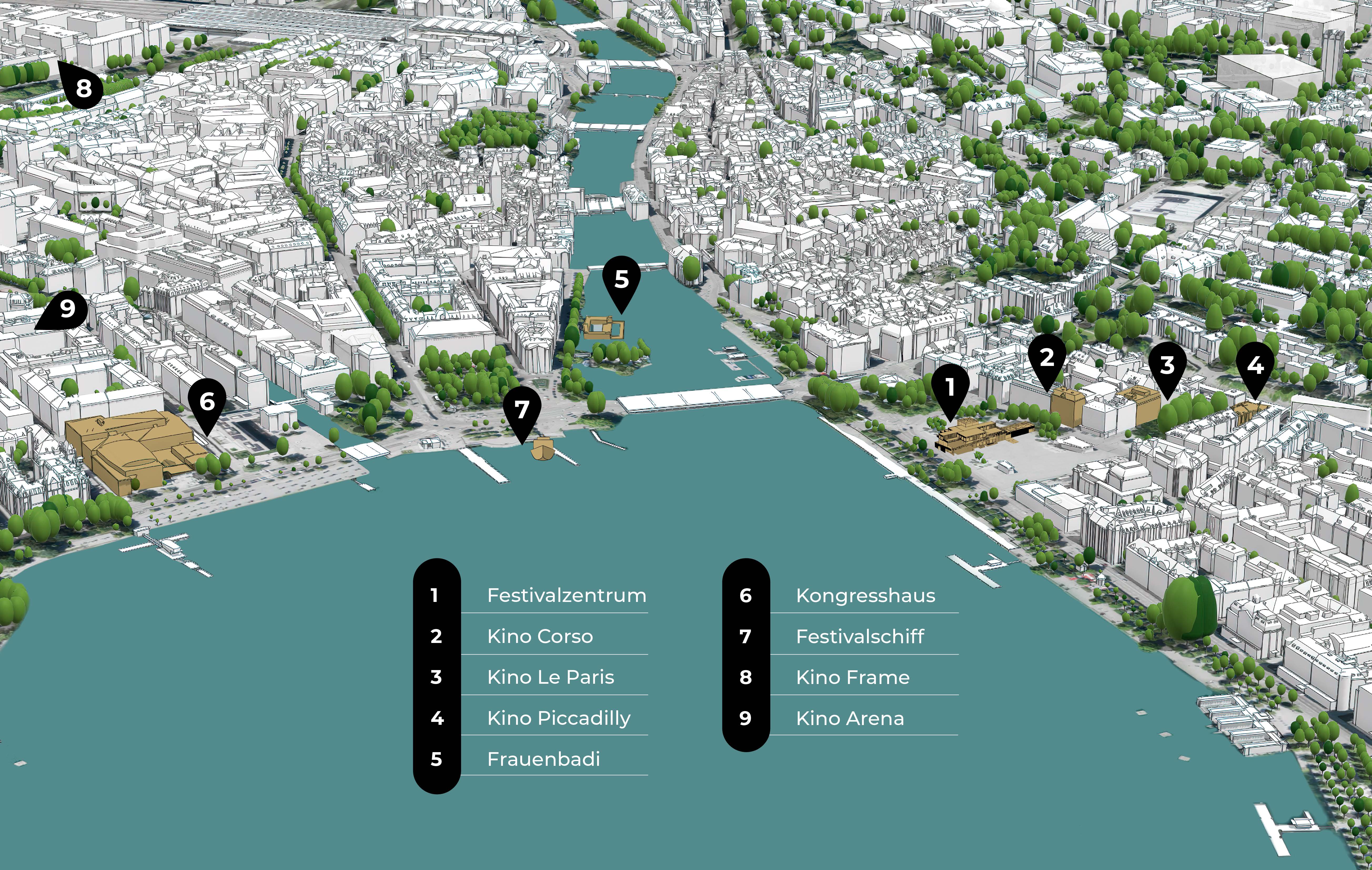 3D-Karte eines städtischen Hafenviertels mit nummerierten Festivalorten. Schlüssel identifiziert Spielorte: Festivalzentrum, Kino Corso, Kino Le Paris, Kino Piccadilly, Frauenbadi, Kongresshaus, Festivalschiff, Kino Frame, und Kino Arena.
