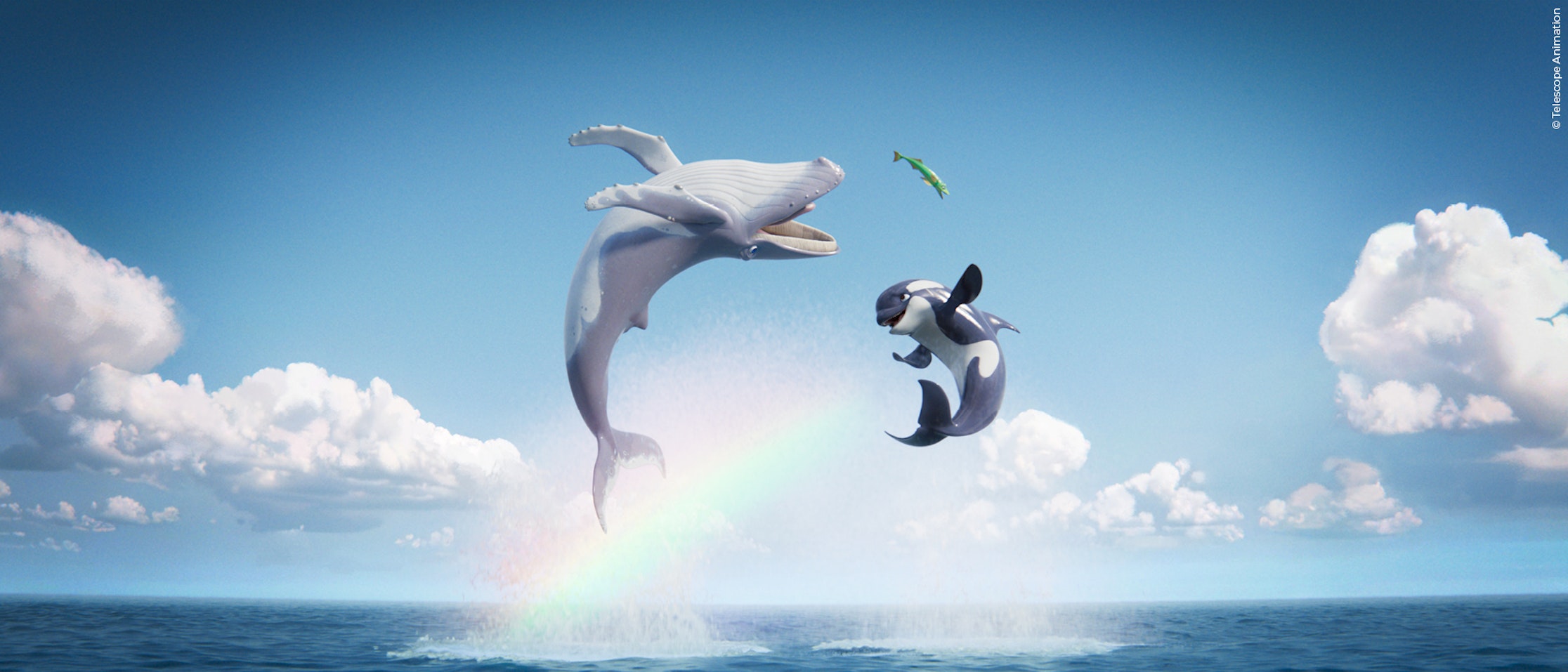 Zwei animierte Wale springen unter blauem Himmel aus dem Meer; in der Gischt bildet sich ein Regenbogen, und ein grüner Fisch springt zwischen ihnen hindurch. Im Hintergrund schweben flauschige Wolken.
