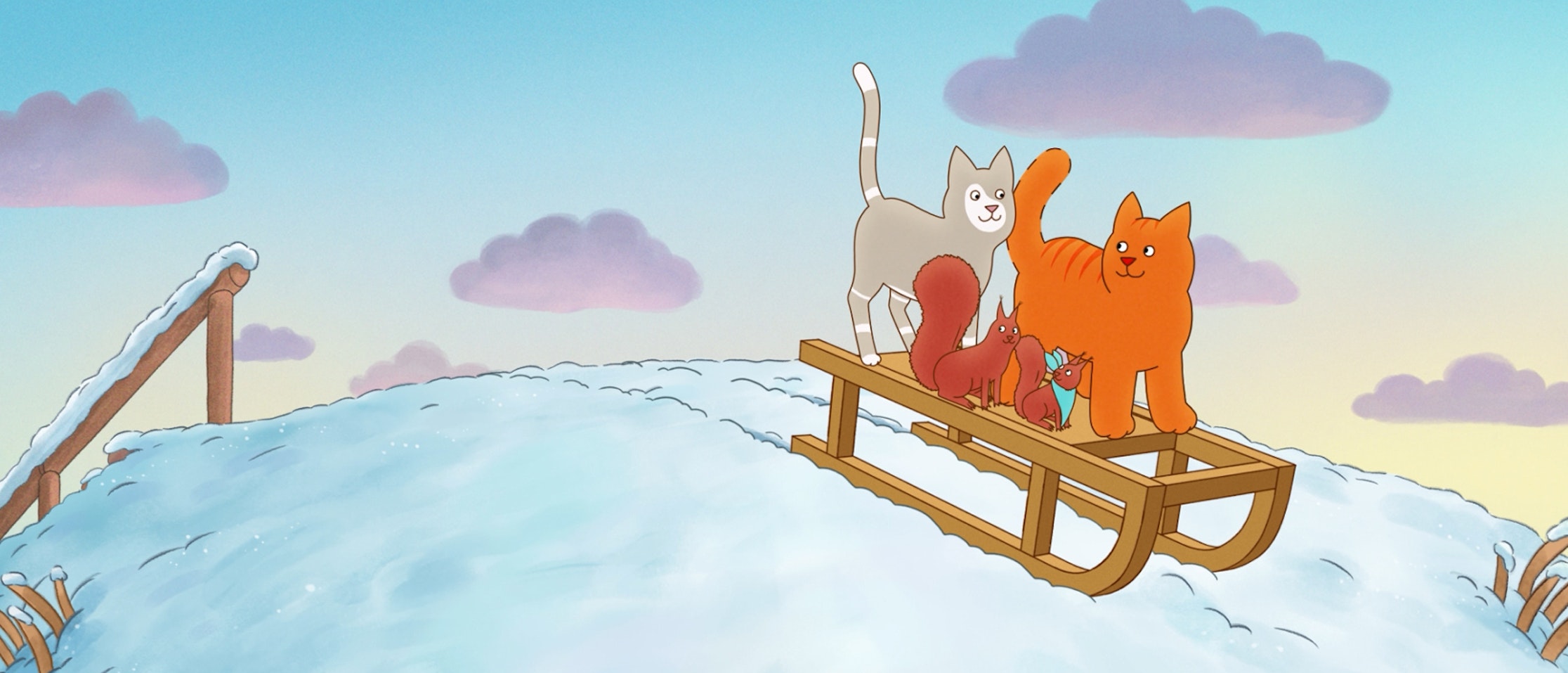 Zwei Cartoon-Katzen, ein Eichhörnchen und ein Vogel stehen auf einem Holzschlitten auf einem verschneiten Hügel mit einem blauen Himmel und rosa Wolken im Hintergrund.