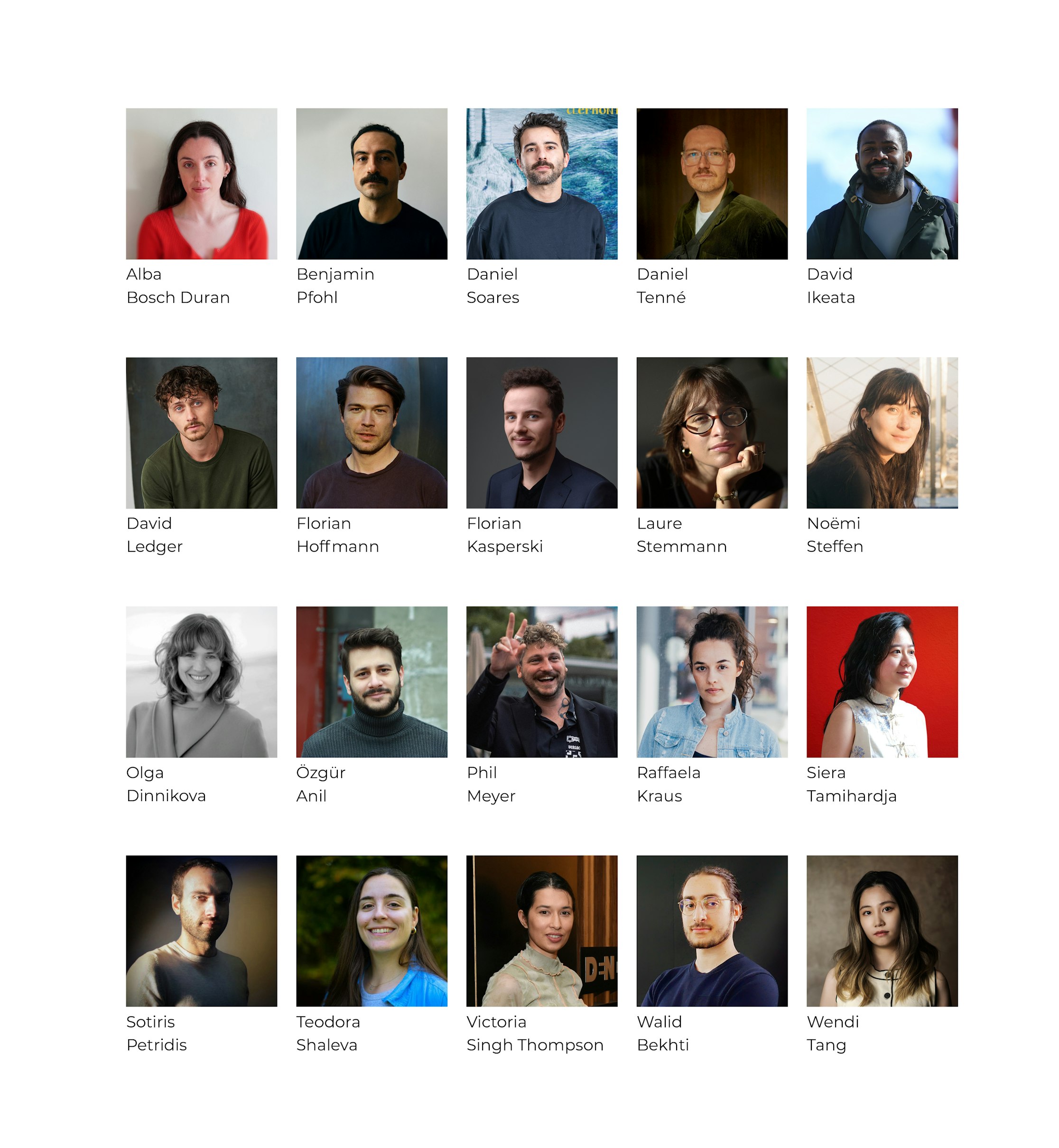 Ein Raster von 20 individuellen Porträtfotos, jedes mit einem anderen Personennamen beschriftet, zeigt verschiedene Menschen unterschiedlichen Geschlechts, Alters und ethnischer Zugehörigkeit vor einem neutralen Hintergrund oder im Freien.