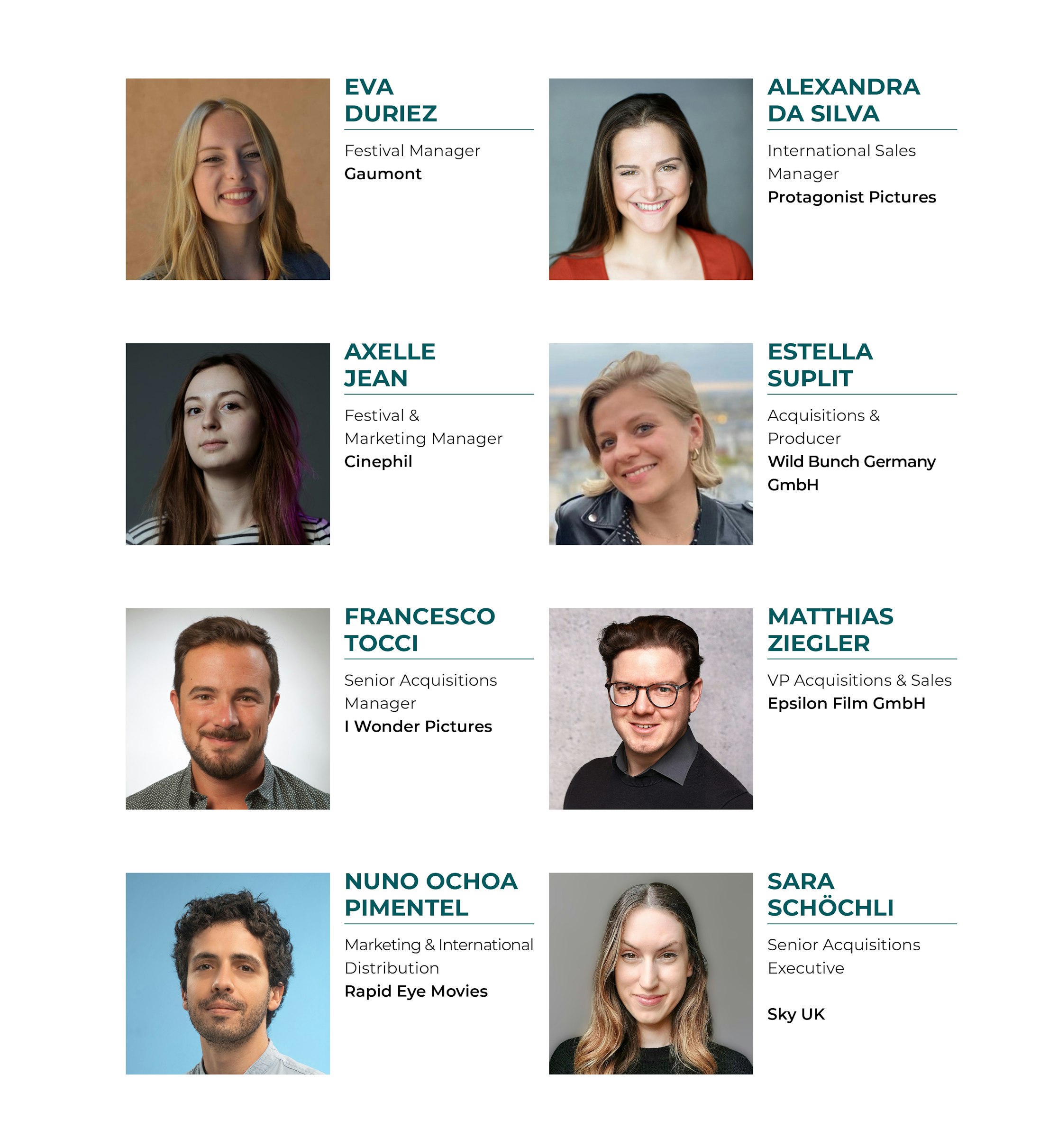 Ein Raster mit professionellen Fotos von acht Personen, die jeweils mit ihrem Namen, ihrer Berufsbezeichnung und ihrem Unternehmen beschriftet sind; fünf Frauen und drei Männer, alle lächelnd oder mit neutralem Gesichtsausdruck, vor schlichten Hintergründen.