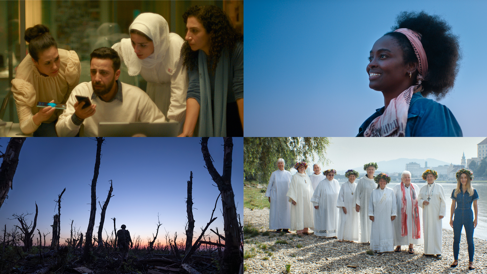 Eine Collage aus vier Bildern: eine Gruppe, die um einen Laptop herum diskutiert, eine lächelnde Frau mit Stirnband im Freien, eine Person, die in der Abenddämmerung zwischen kahlen Bäumen steht, und eine Gruppe in weißen Gewändern, die an einem felsigen Flussufer steht.