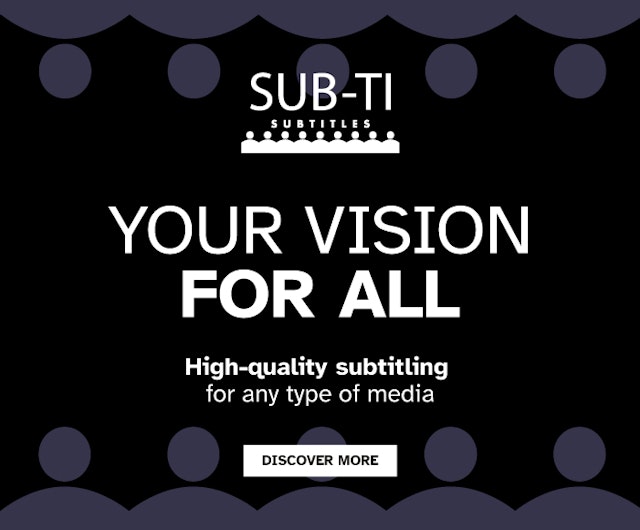 Werbebild für SUB-TI Subtitles mit dem Text "Your vision for all. Hochwertige Untertitelung für jede Art von Medien. Entdecken Sie mehr" auf einem dunklen Hintergrund mit kreisförmigen Mustern.