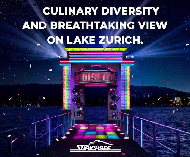 Ein bunter, neonbeleuchteter Disco-Pier erstreckt sich über den nächtlichen Zürichsee, mit den Bergen im Hintergrund. Der Text darüber lautet Kulinarische Vielfalt und atemberaubende Aussicht auf den Zürichsee.