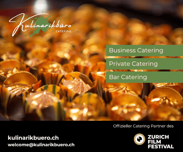 Nahaufnahme von in Gold verpackten Pralinen mit Text, der für die Dienstleistungen von KulinariKbüros im Bereich Business-, Privat- und Bar-Catering wirbt. Das Logo des Zurich Film Festival und die Kontaktdaten befinden sich am unteren Rand.