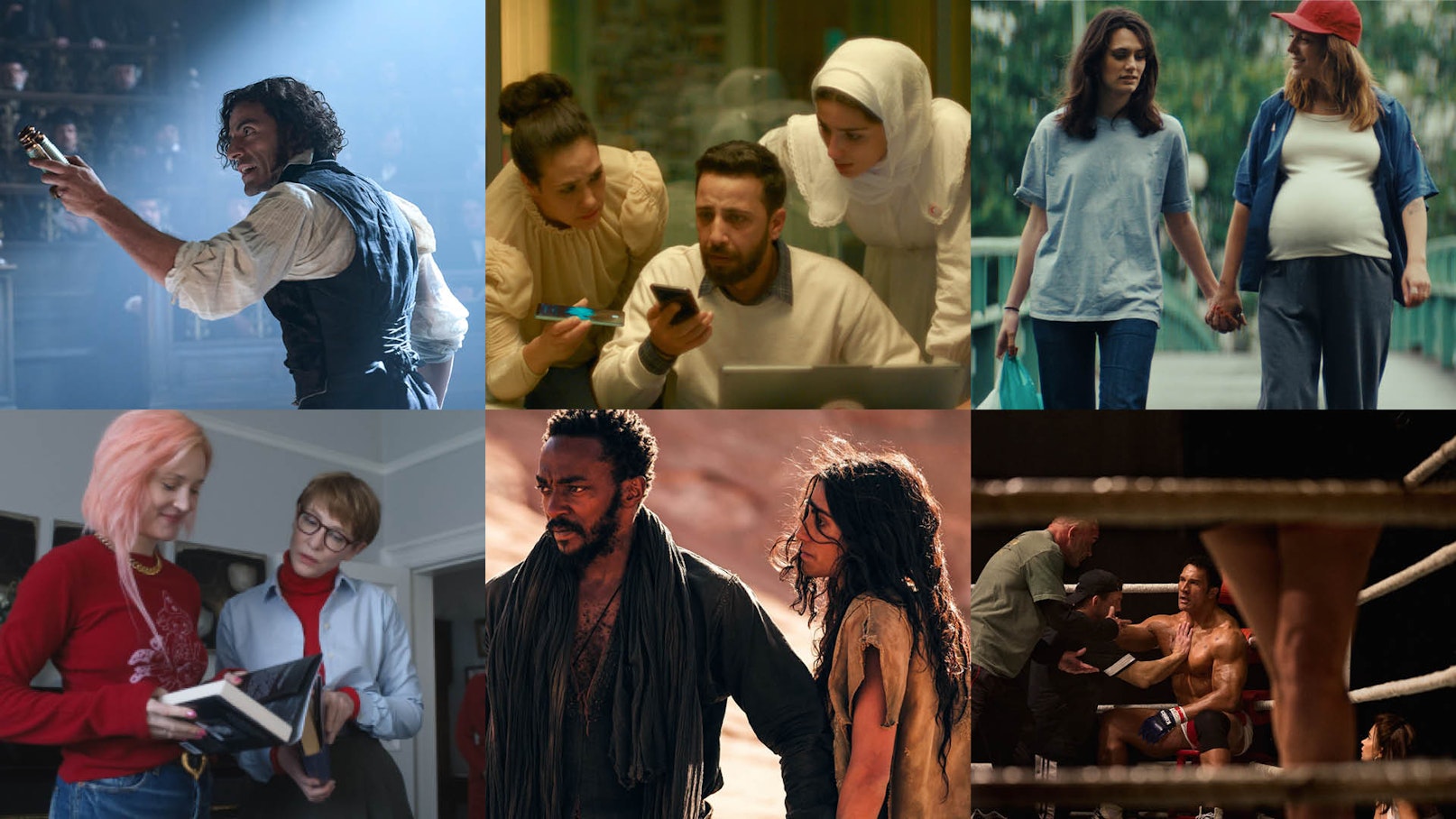 Eine Collage aus sechs Szenen aus verschiedenen Filmen oder Serien: Menschen bei der Arbeit, händchenhaltend, lesend, in dramatischer Beleuchtung stehend und ein Mann, der in einem Boxring Hilfe erhält. Die Bilder zeigen verschiedene Schauspieler und Schauplätze.
