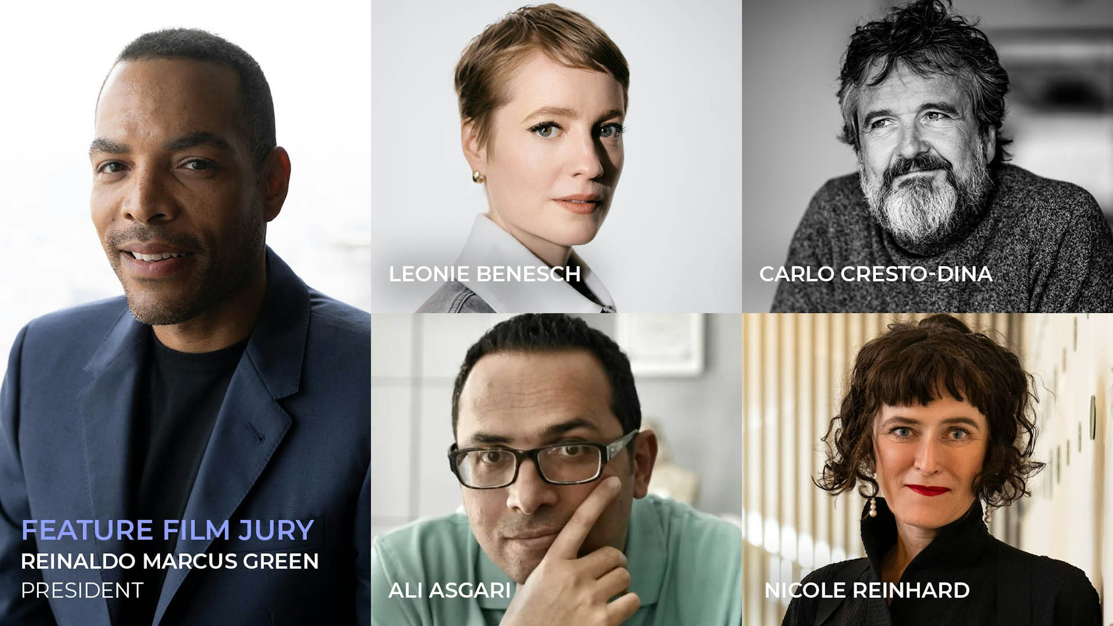Eine Collage aus fünf Porträtfotos von Reinaldo Marcus Green, Leonie Benesch, Carlo Cresto-Dina, Ali Asgari und Nicole Reinhard, die alle Mitglieder einer Spielfilmjury sind.