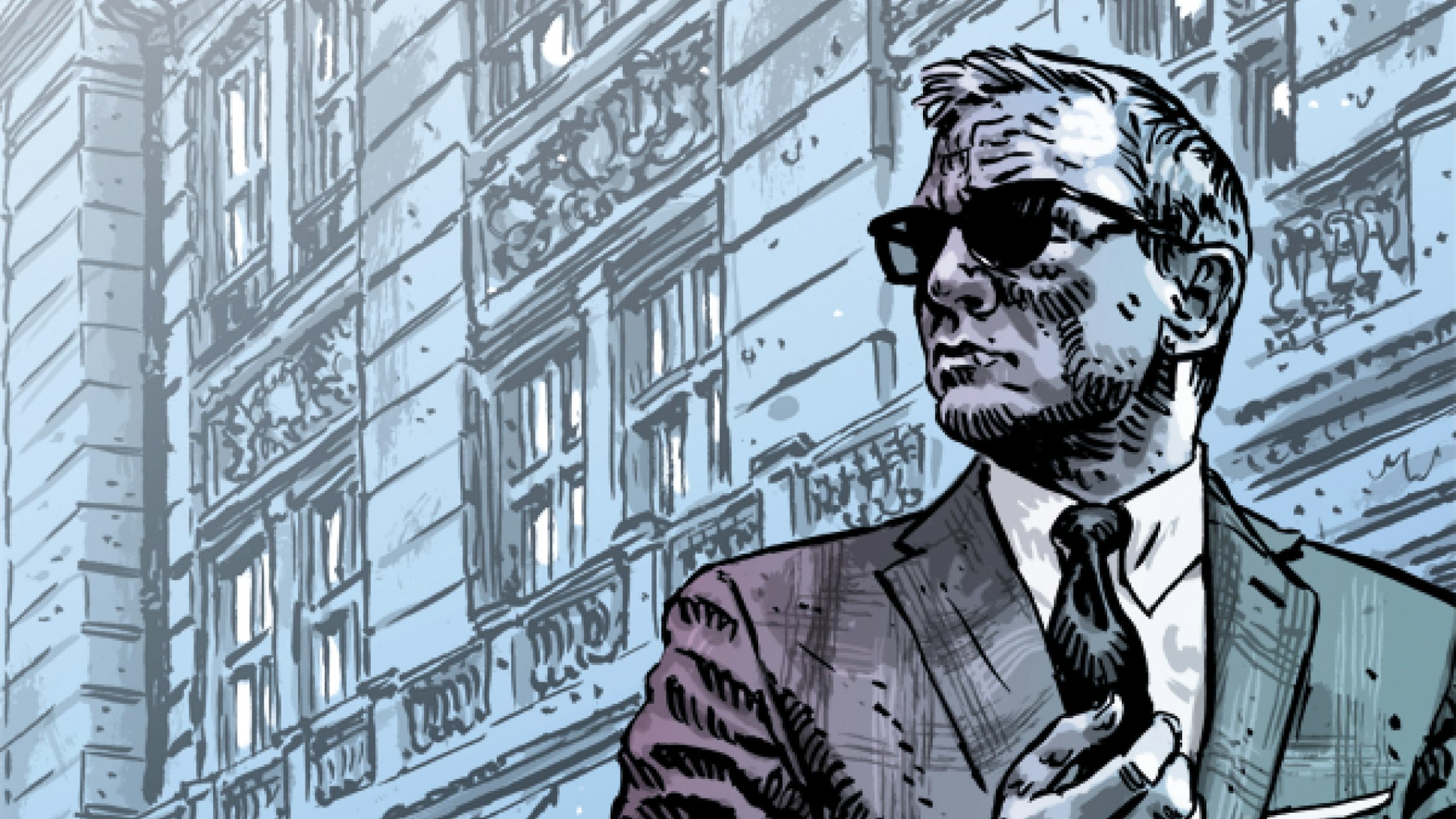 Ein Mann im Anzug und mit Sonnenbrille steht selbstbewusst vor einem detaillierten, älteren Gebäude und hält sein Revers fest. Die Szene hat einen stilisierten Effekt wie eine Comic-Illustration.