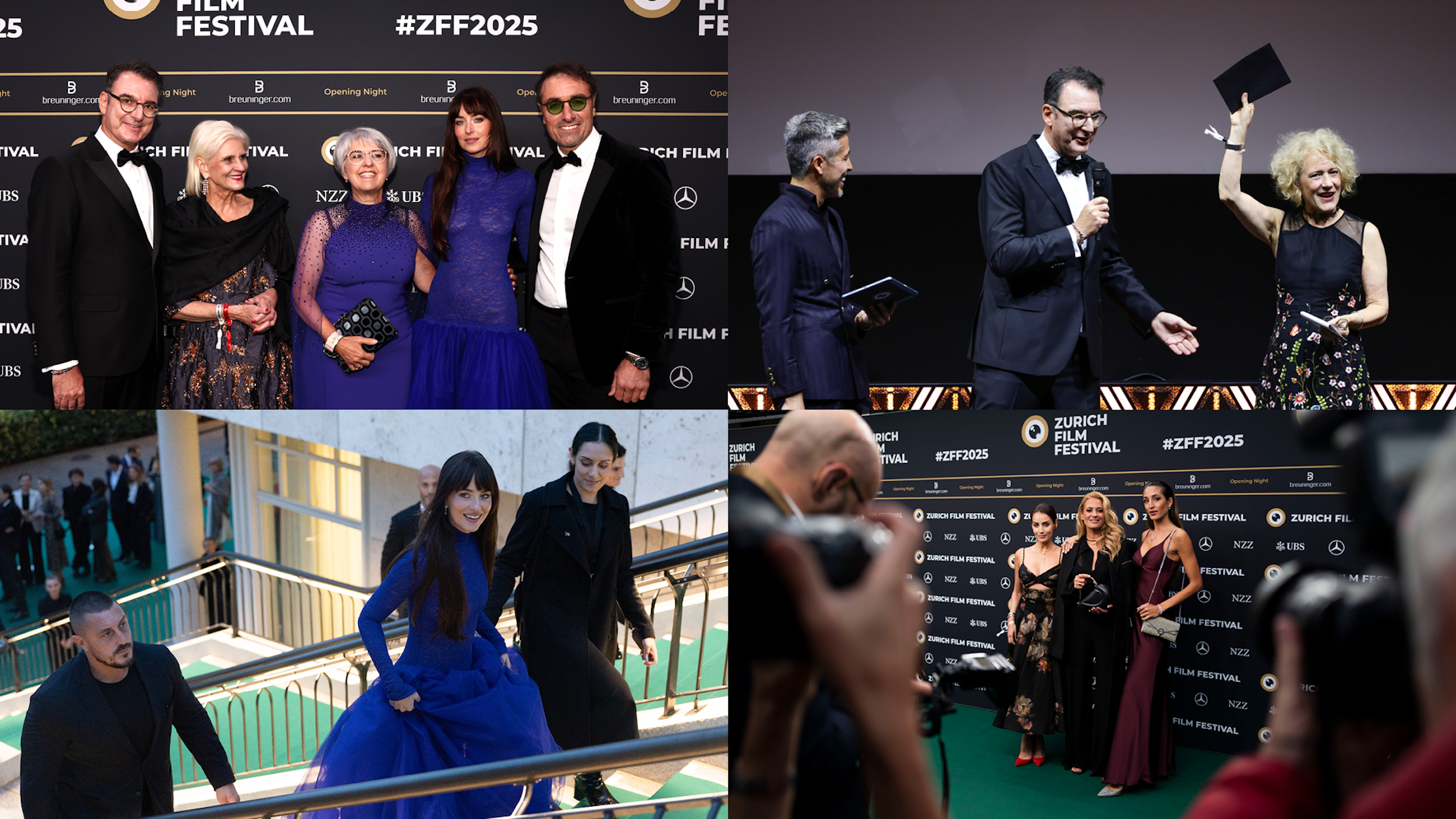 Eine Collage aus vier Fotos vom Zurich Film Festival: Prominente auf dem roten Teppich, eine Frau mit einem Preis in der Hand auf der Bühne, Gäste, die für Fotografen posieren, und zwei Frauen in eleganten Kleidern beim Spaziergang im Freien.