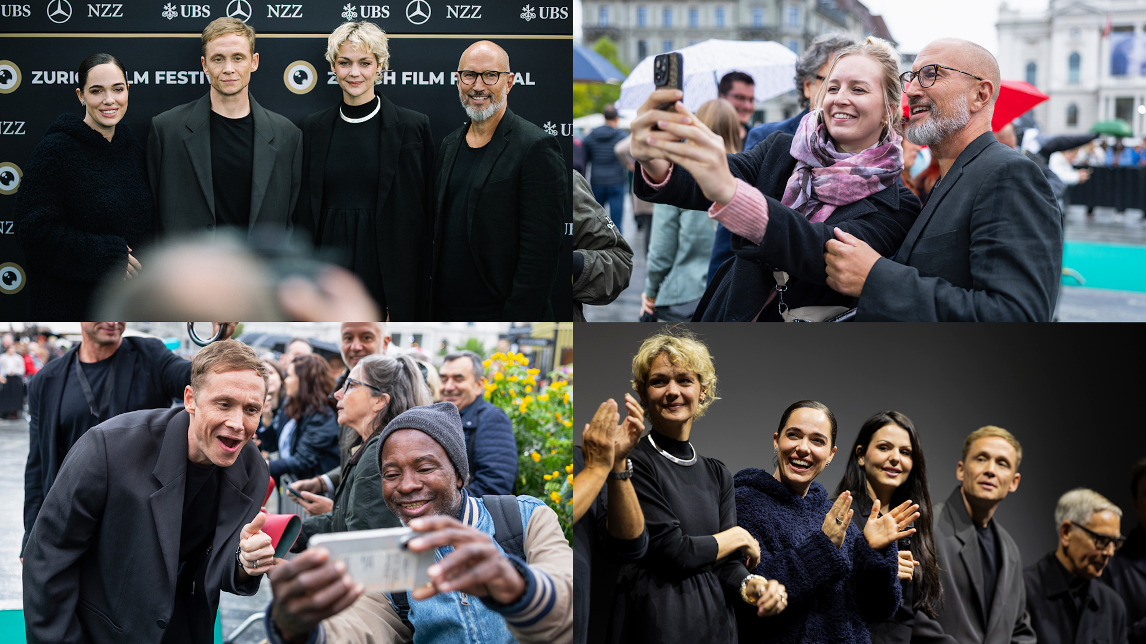 Eine Collage aus vier Fotos zeigt Schauspieler und Filmemacher auf einem Filmfestival: Sie posieren für Gruppenfotos, machen Selfies mit Fans im Freien und klatschen gemeinsam, alle sind formell oder schwarz gekleidet.
