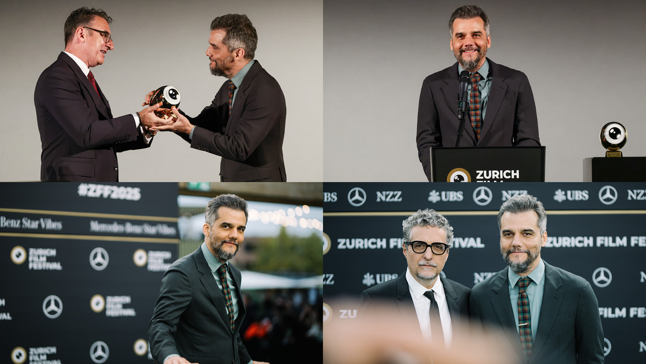 Ein Mann in kariertem Hemd und Anzug erhält einen Preis, hält eine Rede und posiert mit einem anderen Mann auf dem roten Teppich des Zurich Film Festival.
