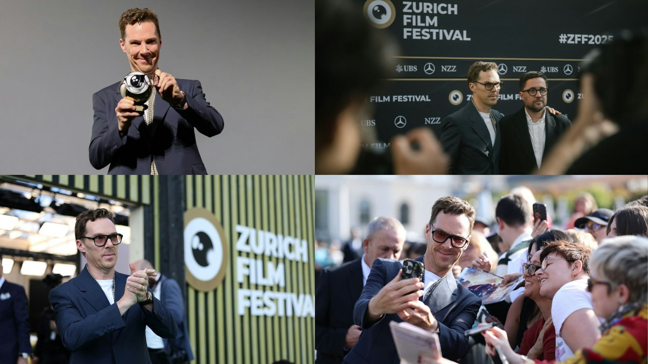 Eine Collage aus vier Bildern zeigt einen Mann mit Brille und Anzug am Zurich Film Festival, der einen Preis entgegennimmt, an einer Presseveranstaltung teilnimmt, Autogramme gibt und Selfies mit Fans macht.