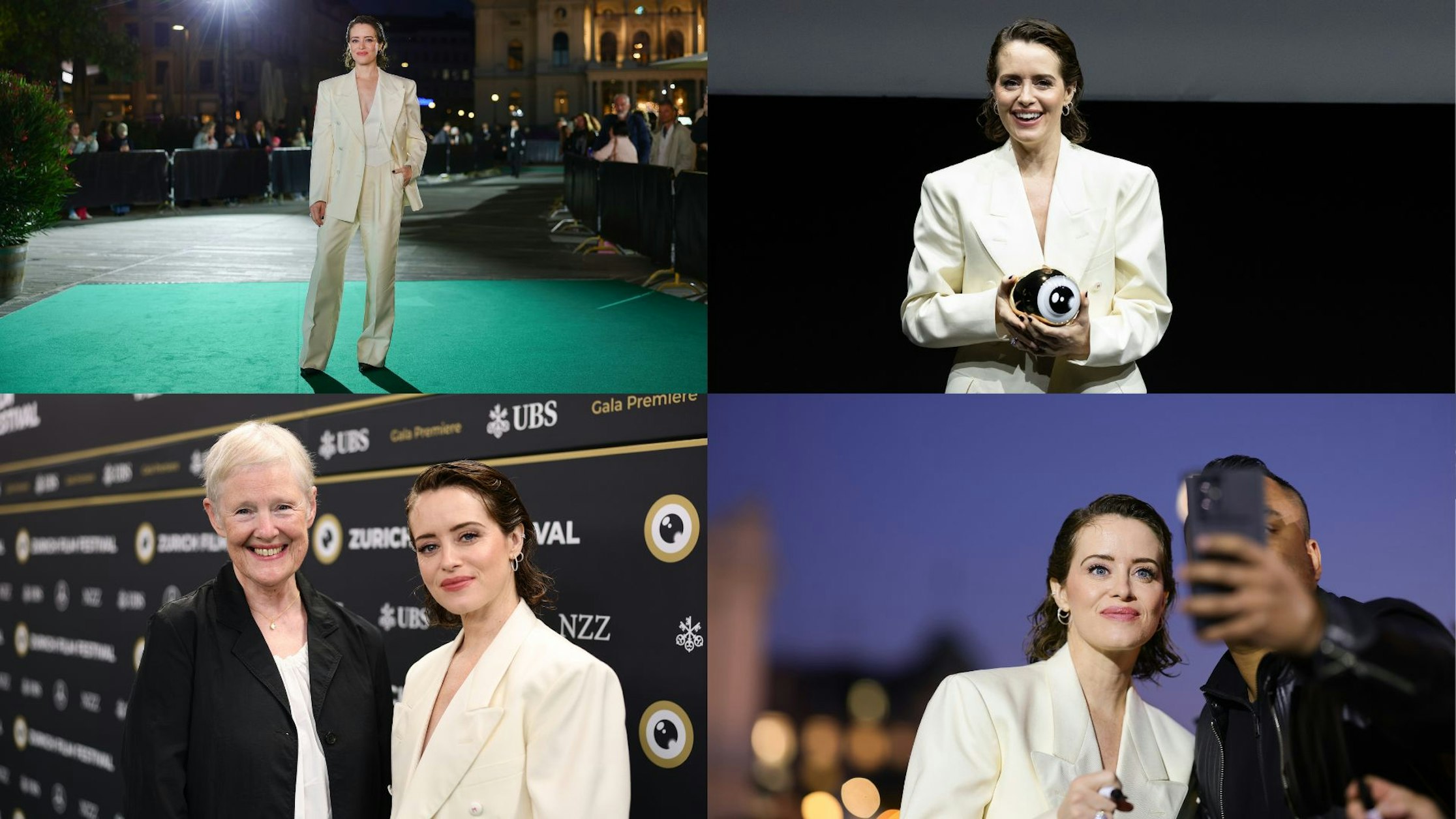 Eine Frau in einem cremefarbenen Anzug besucht ein Filmfestival: Sie posiert auf einem grünen Teppich, hält eine Trophäe in der Hand, steht mit einer anderen Frau vor einem Step-and-Repeat-Brett und macht ein Selfie mit einem Fan.