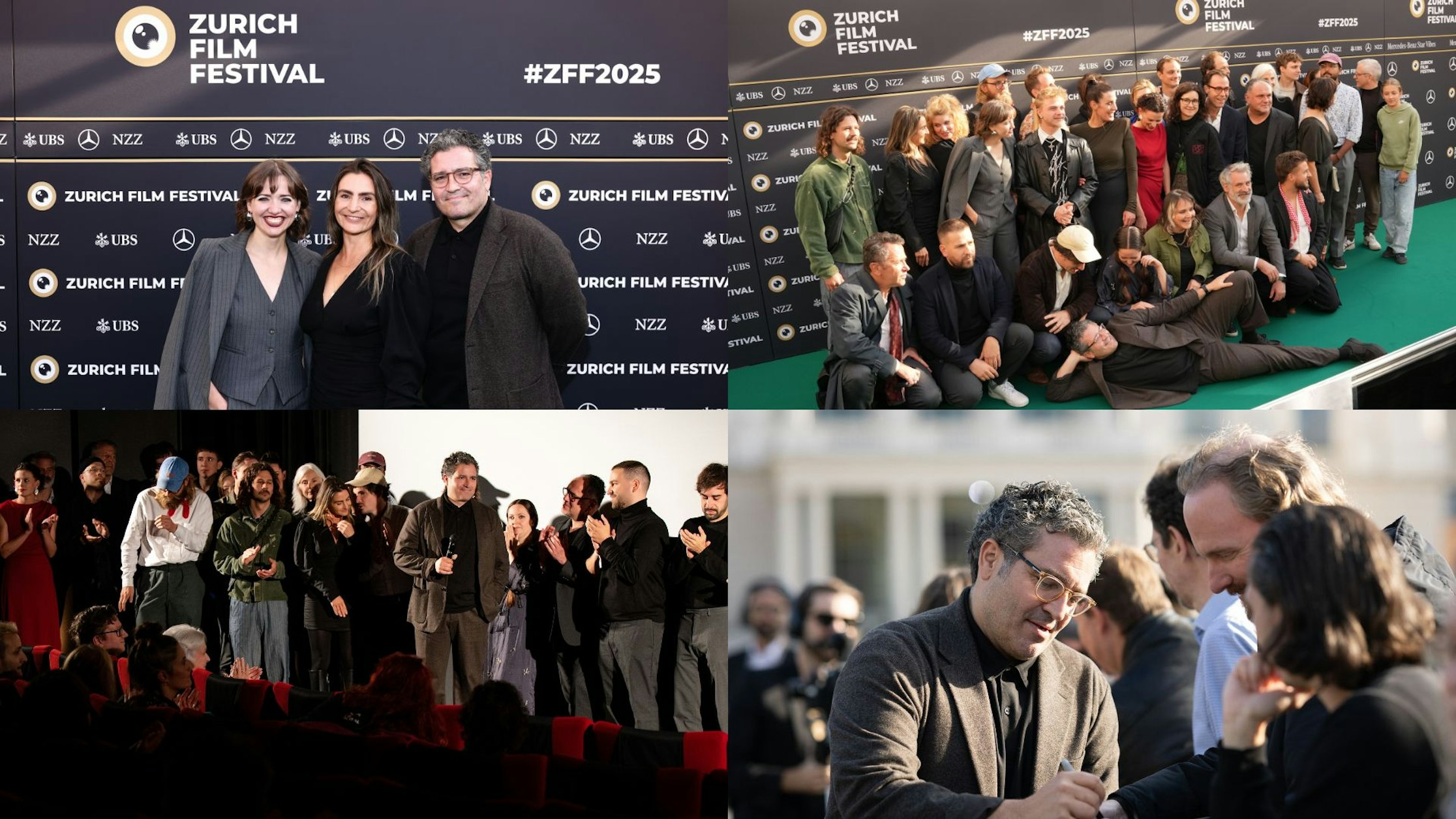 Eine Collage aus vier Fotos zeigt Gruppen von Menschen am Zurich Film Festival, die auf einem roten Teppich posieren, sich im Freien auf grünem Rasen versammeln, auf der Bühne stehen und sich in einer sonnenbeschienenen Umgebung im Freien unterhalten.