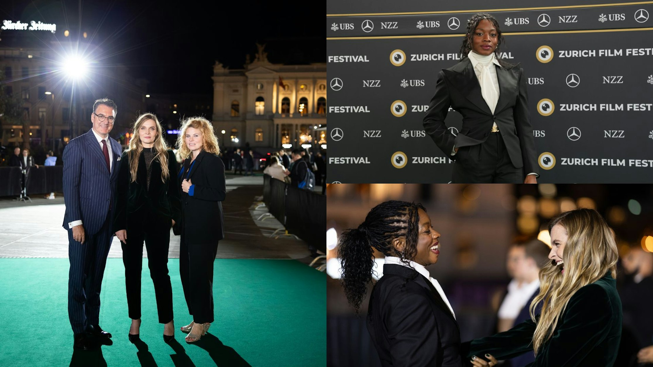 Eine Collage aus drei Fotos vom Zurich Film Festival: links posieren drei Personen auf einem nächtlichen grünen Teppich; oben rechts steht eine Frau vor einer Festivalkulisse; unten rechts lächeln sich zwei Frauen an.