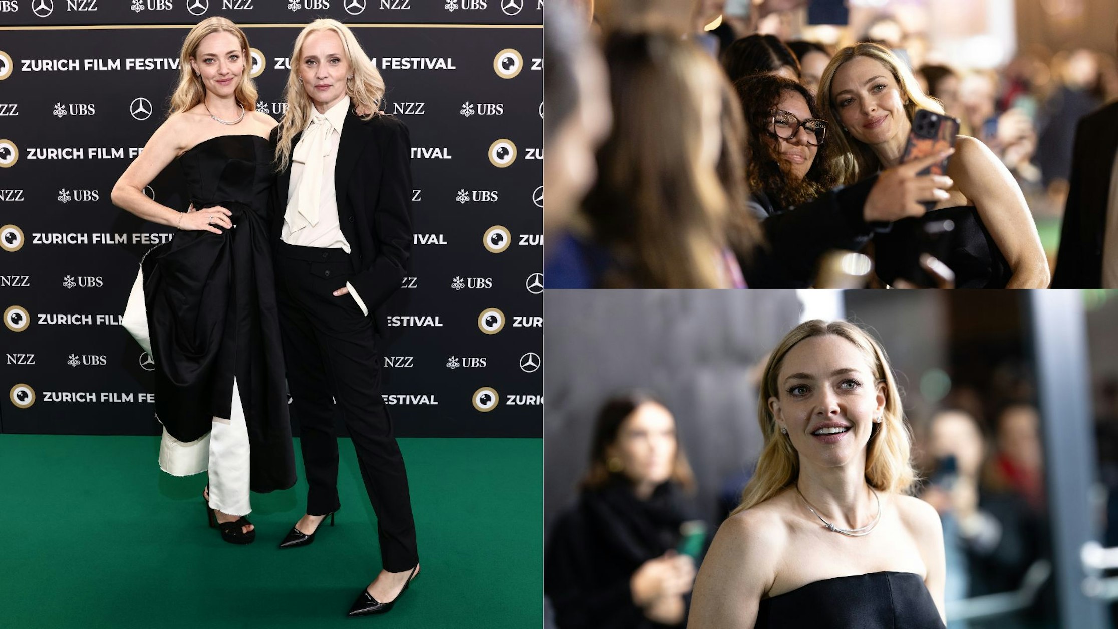 Die Schauspielerin Amanda Seyfried posiert in einem trägerlosen schwarz-weißen Kleid auf dem grünen Teppich und mit Fans beim Zurich Film Festival; sie lächelt und macht Selfies mit den Besuchern.